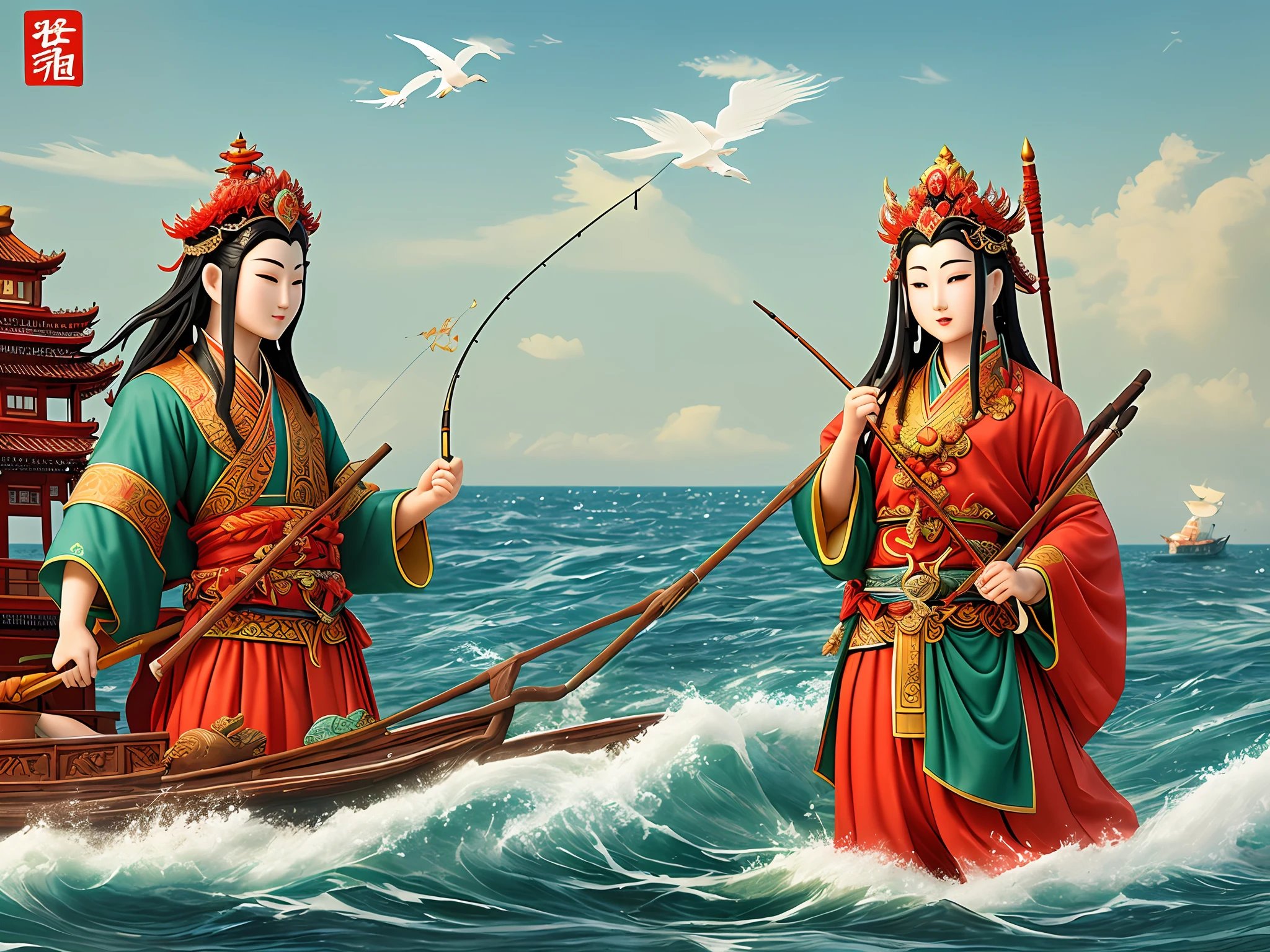 Fu see Mazu, bless the four seas, establish virtue, do good, great love, Mazu pedals a fishing boat, Mazu holds Ruyi, saves Cangsheng on the waves, and there is Mazu on the coast