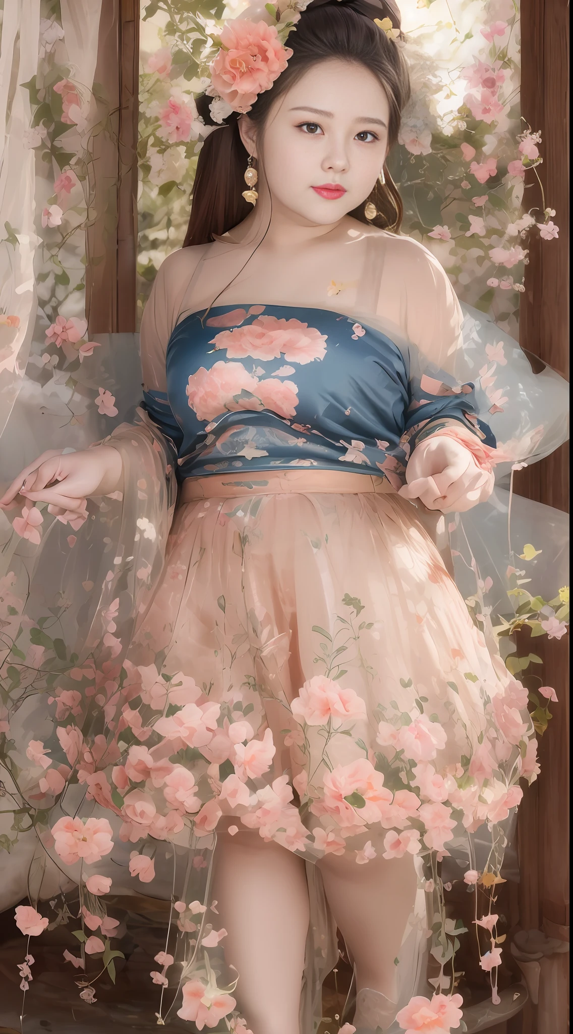 (masterpiece), best quality, fresh and cute, cute girl, fat body, height 180cm, pink skirt, sunny, blooming flowers, breezy face, long legs, fat very cute, beautiful flower skirt, very fat and fat very fat