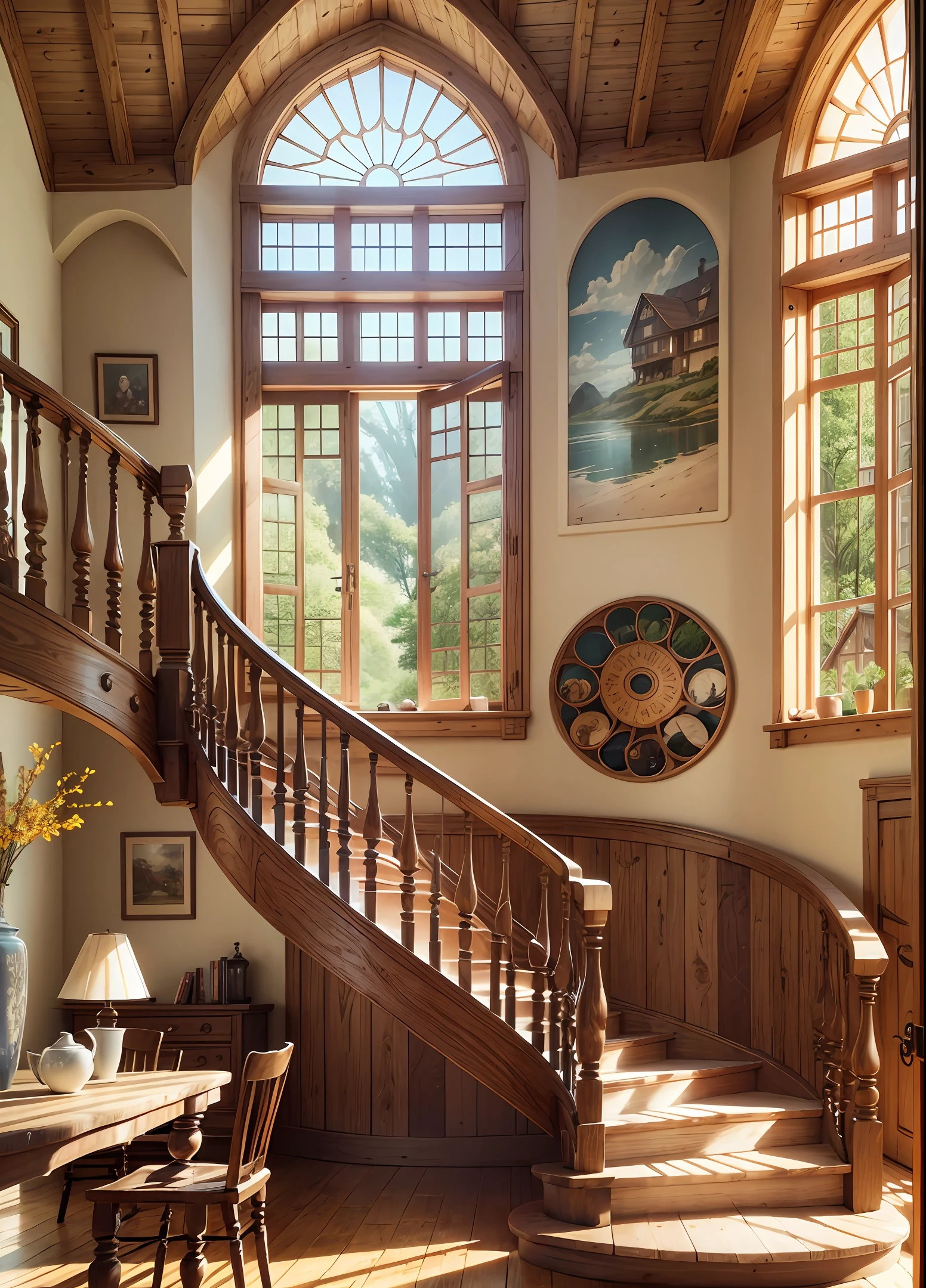 Interior of a wooden house. Romantic decoration. Round windows. Staircase that goes up to the second floor. Photorealistic style, hyperdetailed, (high quality:1.5), 8k --auto --s2