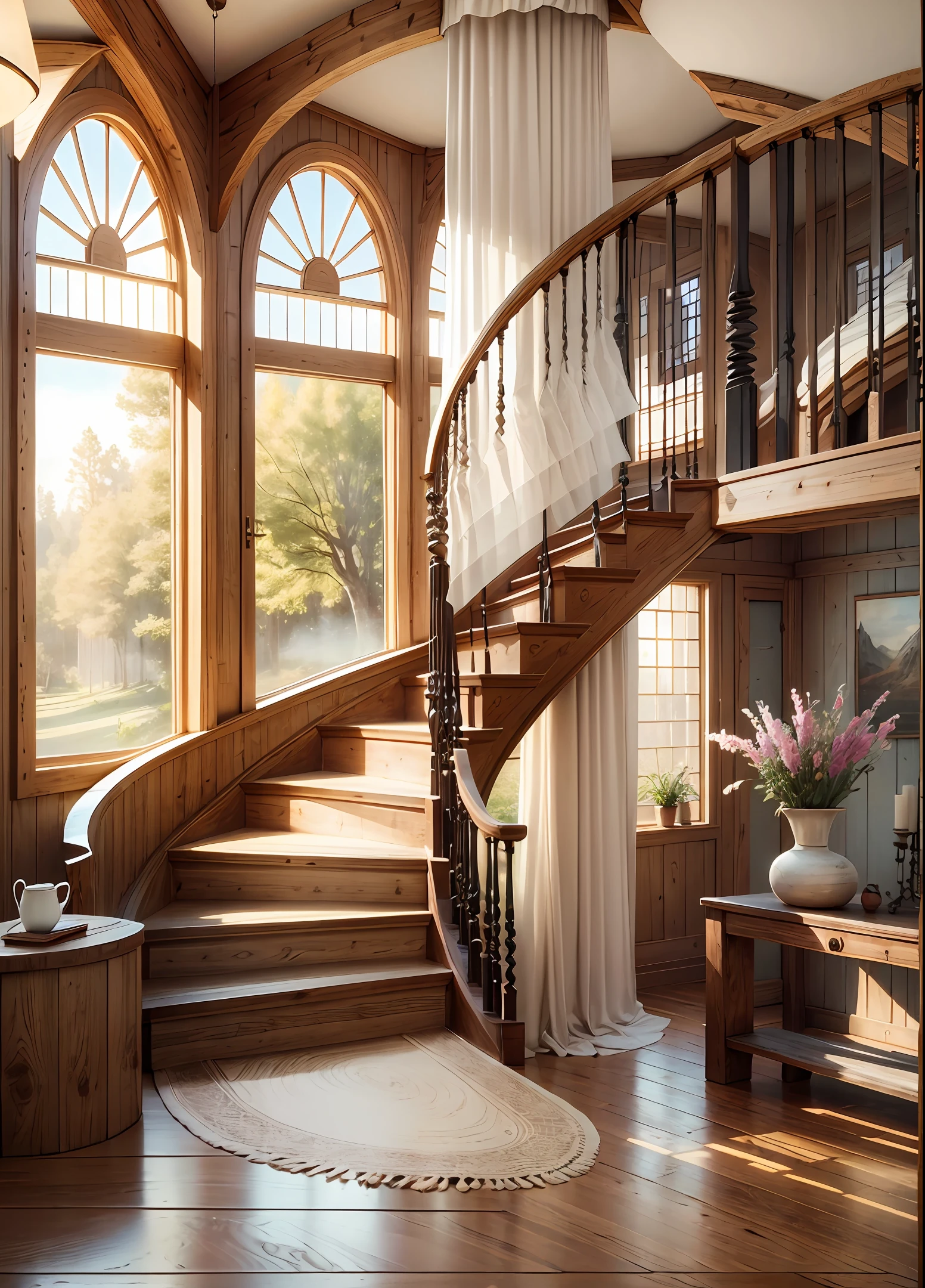 Interior of a wooden house. Romantic decoration. Round windows. Staircase that goes up to the second floor. Photorealistic style, hyperdetailed, (high quality:1.5), 8k --auto --s2