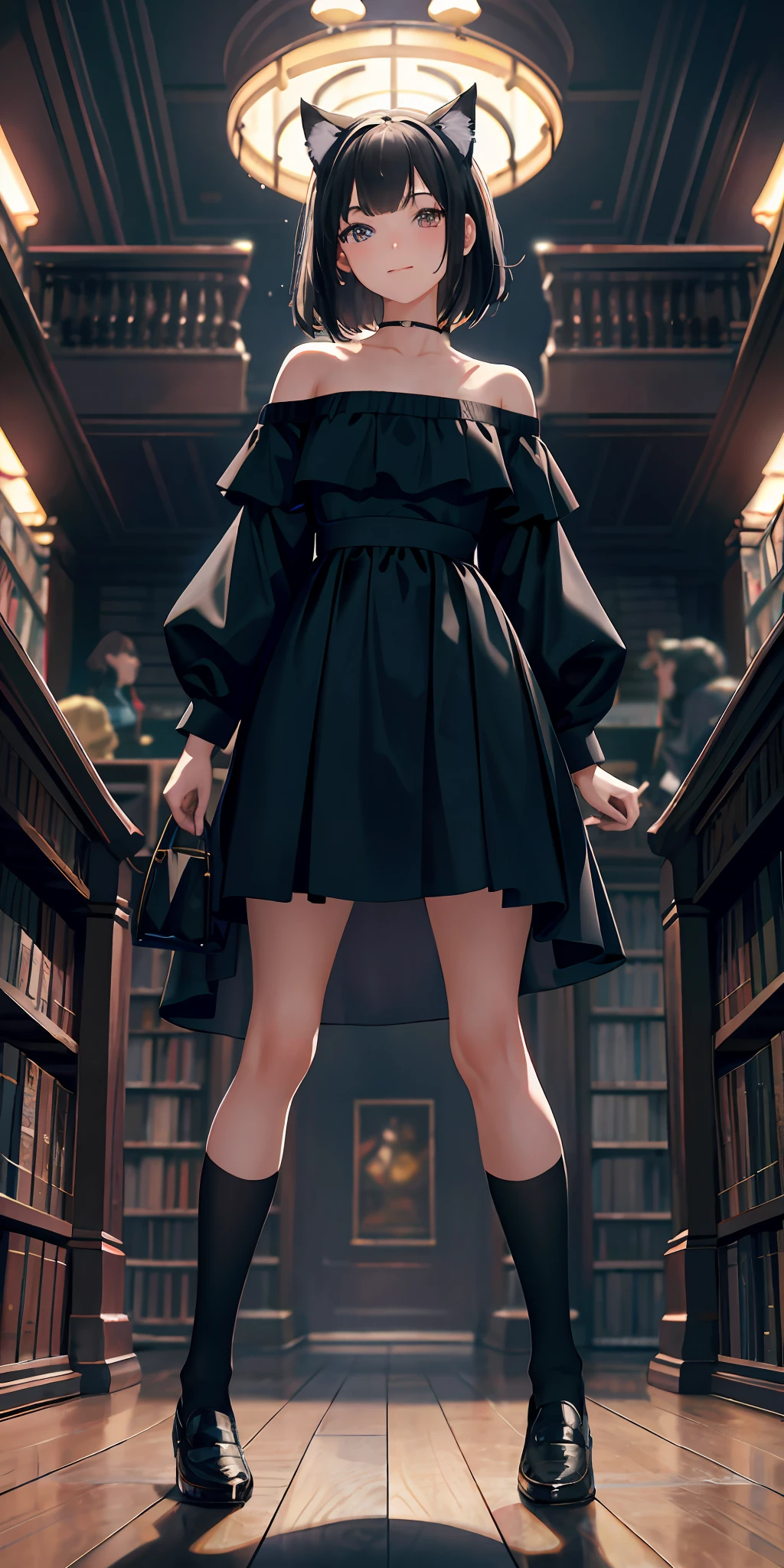 Masterpiece, best quality, high resolution, very detailed, detailed background, movie lighting, 1 girl, looking at the audience, library, wearing cat ears, black hair, off-the-shoulder dress, skirt, socks, sweat, transparent, happy, nsfw