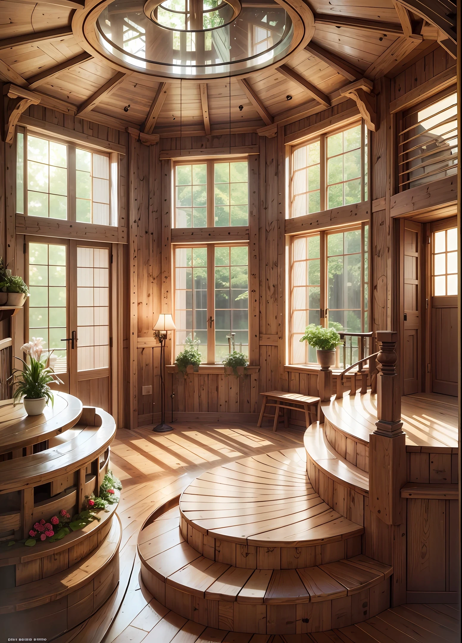 Interior of a wooden house. Romantic decoration. Round windows. Staircase that goes up to the second floor. Photorealistic style, hyperdetailed, (high quality:1.5), 8k --auto --s2