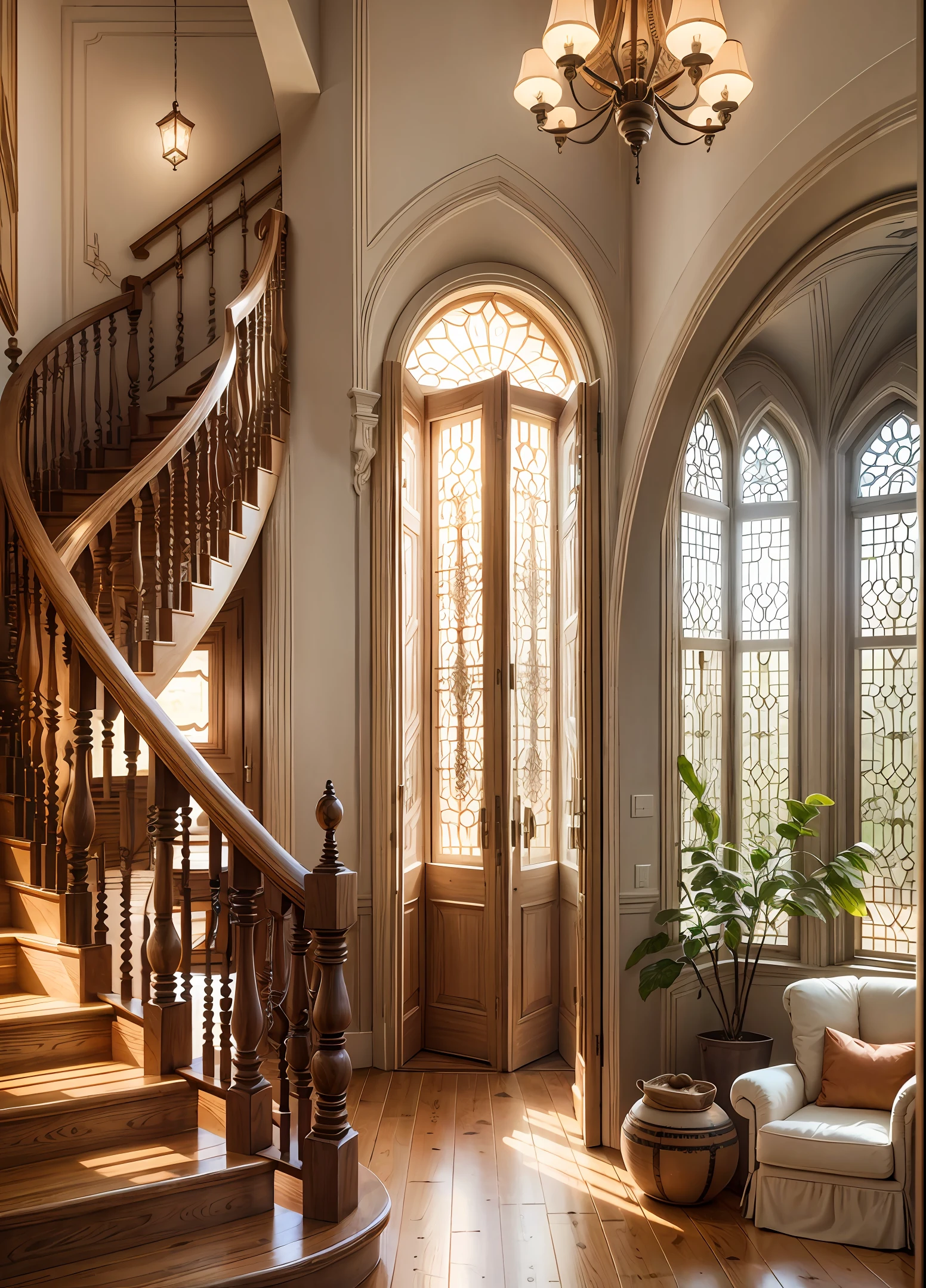 Interior of a wooden house. Romantic decoration. Round windows. Staircase that goes up to the second floor. Photorealistic style, hyperdetailed, (high quality:1.5), 8k --auto --s2