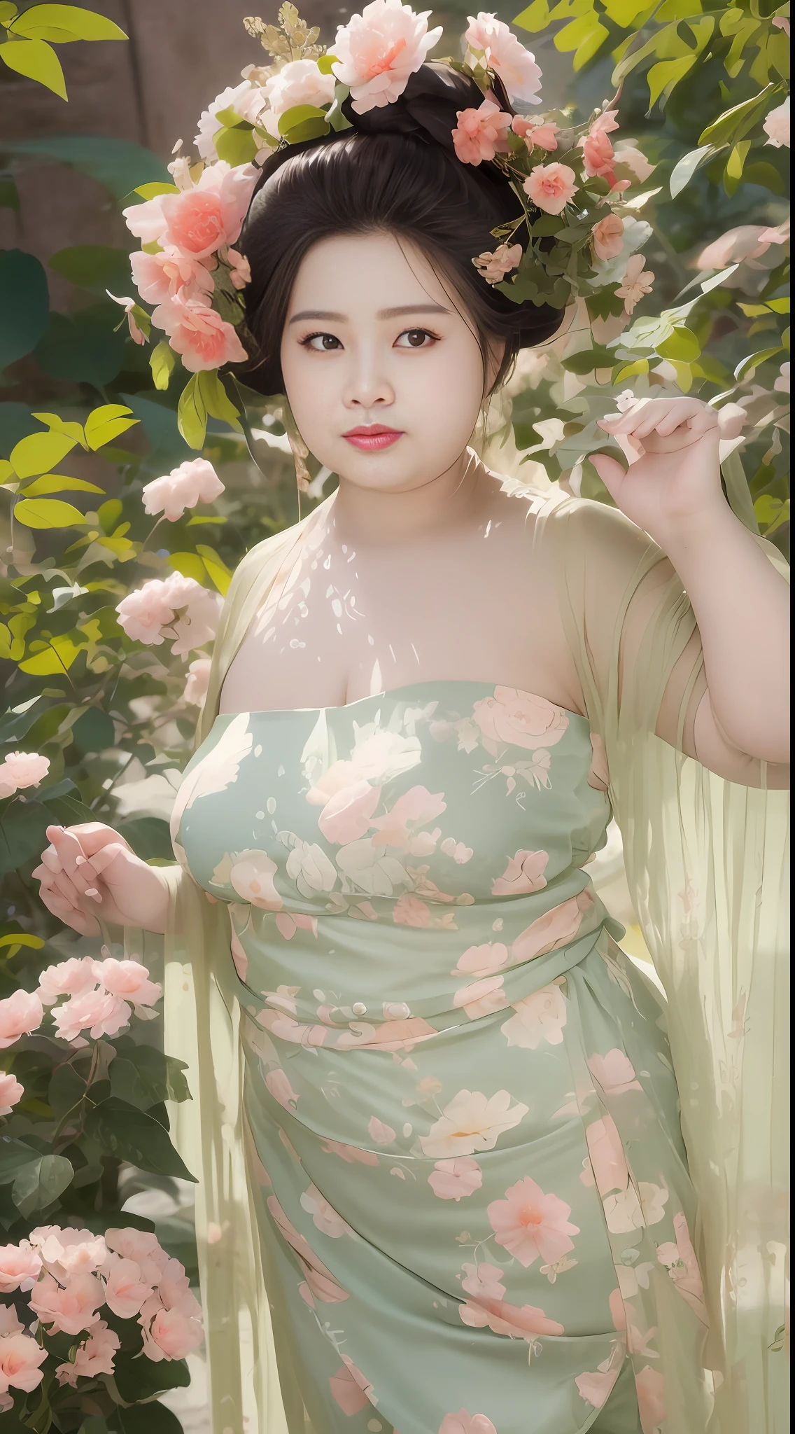 (masterpiece), best quality, fresh and cute, cute girl, fat body, height 180cm, pink skirt, sunny, blooming flowers, breezy face, long legs, fat very cute, beautiful slip dress, very fat very fat very fat very fat