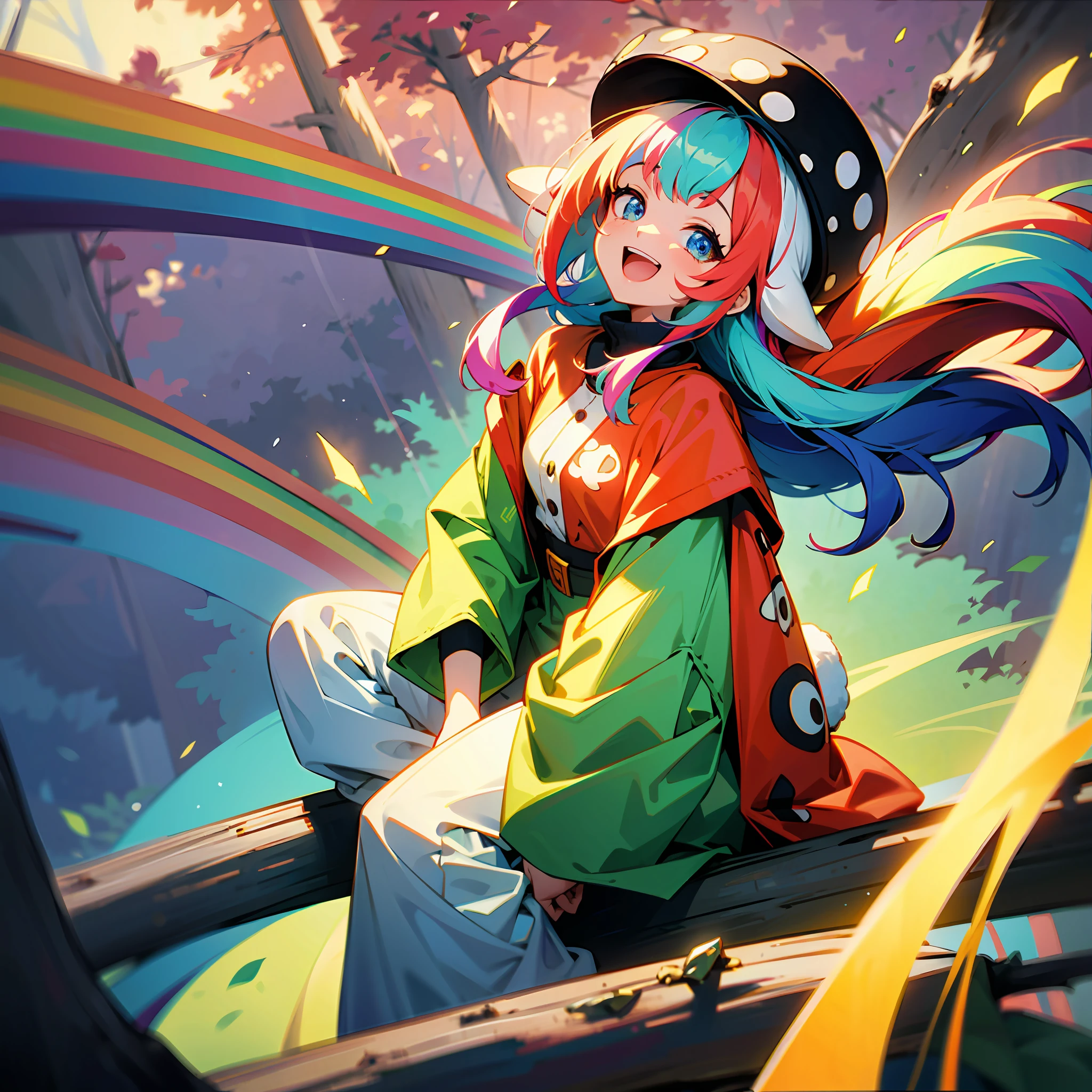 An adult woman, anime style, with baggy clothes and bigger than her, literally wearing mushroom on her head, long colored hair, lots of color, several different colors, vibrant, rainbow colored eyes, rainbow hair, in the clearing of a forest, sitting on a log, looking up, sun, various points of light, crystal light effects,  random colors in the air, smiling open-mouthed.