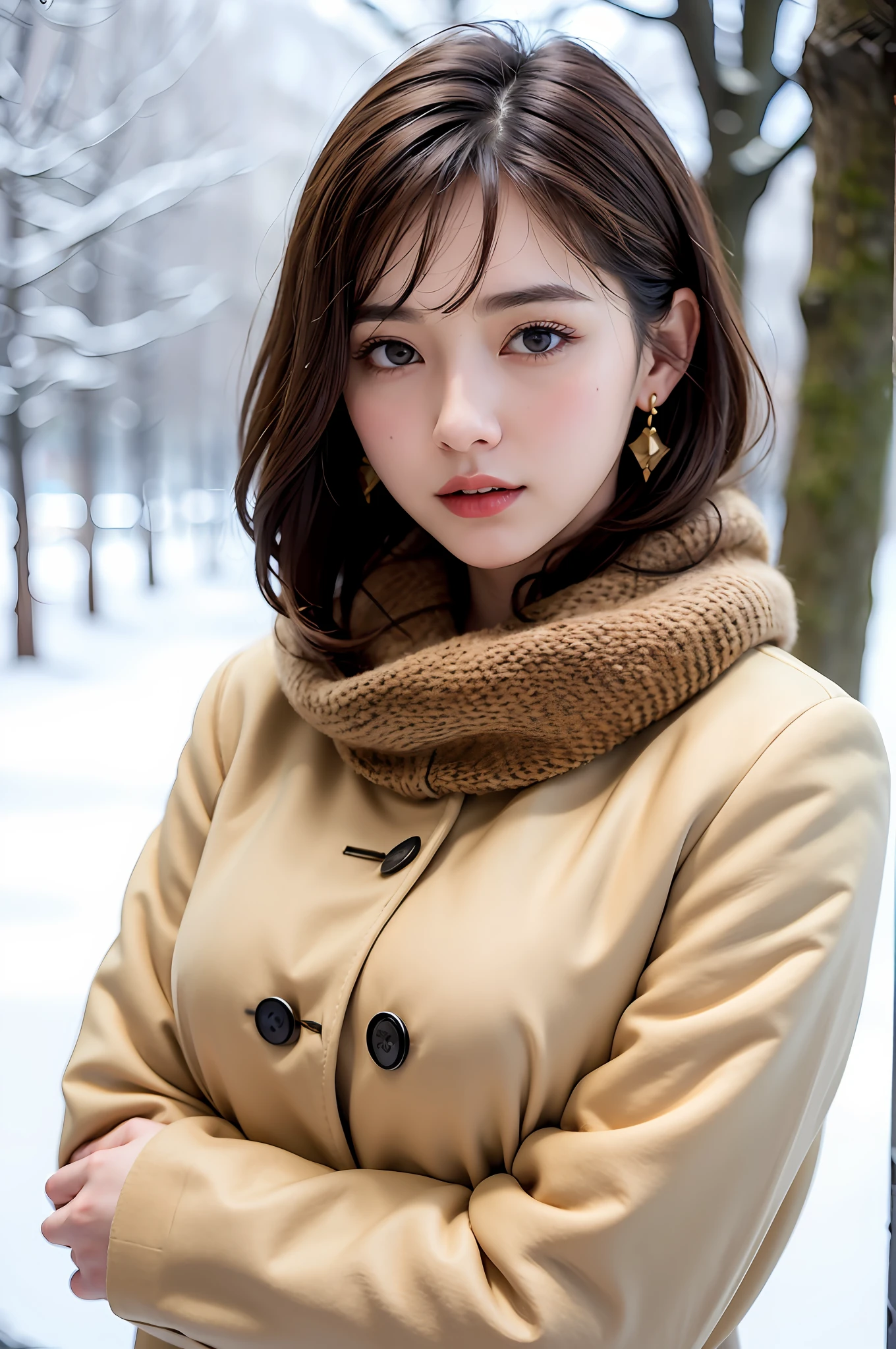 1 girl, bare_tree, brown_eyes, brown_hair, building, coat, cross_earrings, earrings, fur, fur trimmed_coat, fur_collar, fur_scarf, fur_trim, jewelry, lips, shorthair, looking_at_viewer, outdoors, snow, snow, solo, tree, upper_body, Winter, winter_clothes, detailed_eyes,Big breasts, arms close together, Chest facing camera, Big, Ears out, Golden ratio face, Golden ratio body, Best quality, Ultra high definition, Bangs