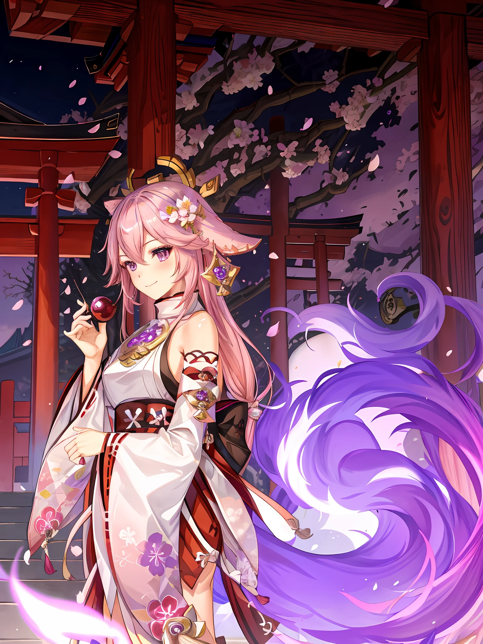 best quality, masterpiece, highres, 1girl,female,solo, mature female,yae miko, 1girl, \n/, animal ears, bare shoulders, blush, breasts, cherry blossoms, closed mouth, detached sleeves, earrings, flower, fox ears, gem, hair between eyes, hair ornament, japanese clothes, jewelry, kimono, long hair, medium breasts, miko, nontraditional miko, pink eyes, pink flower, pink hair, purple gemstone, short kimono, sidelocks, smile, solo, upper body, white kimono, ((masterpiece)), ((fullbody)), standing in front of japanese temple, purple ghostly fox tails, sakura petals, purple sparkles