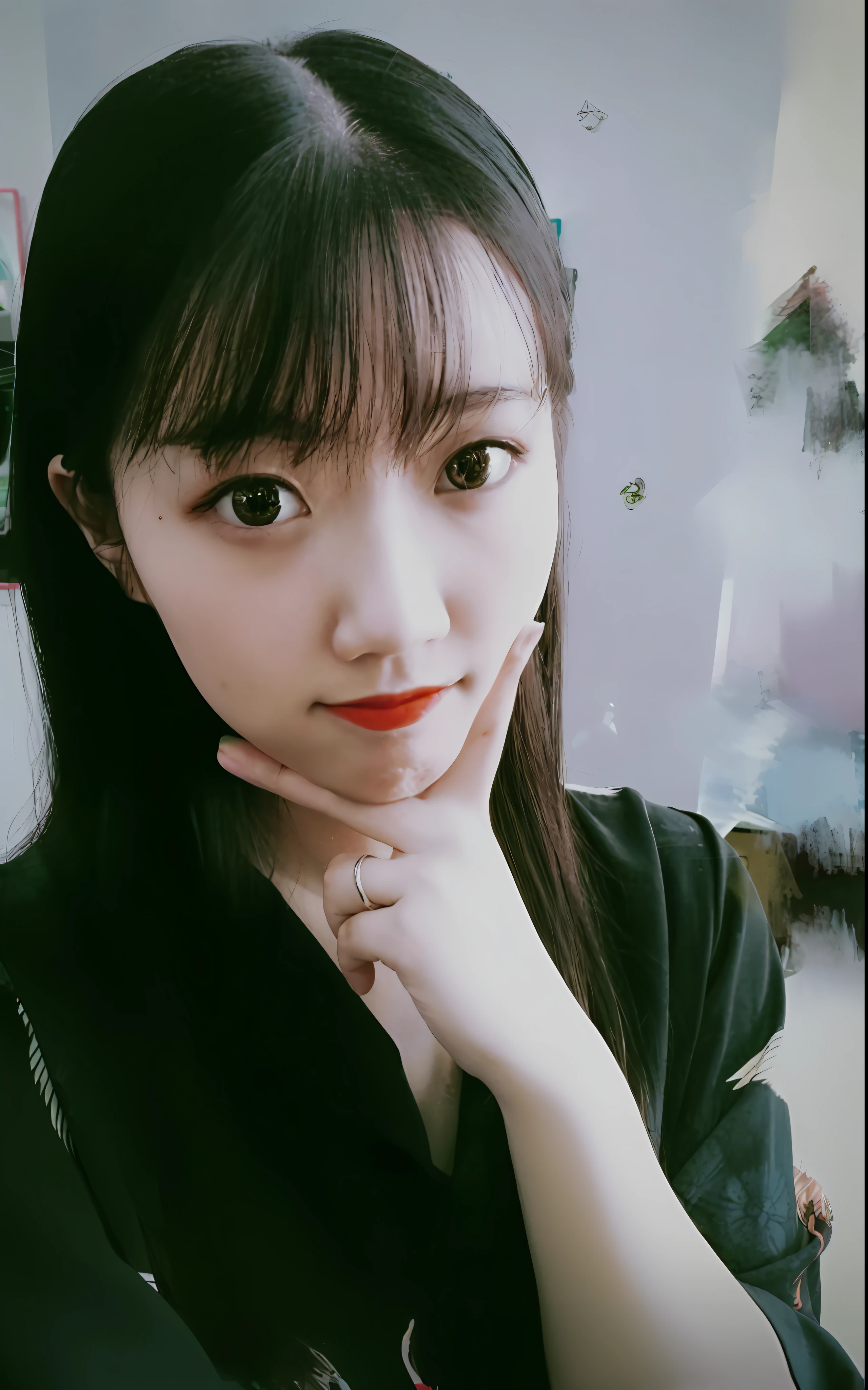 there is a woman with long hair and a black shirt posing for a picture, xintong chen, inspired by Ma Yuanyu, ulzzang, headshot profile picture, li zixin, xision wu, girl cute-fine-face, wenfei ye, ruan cute vtuber, yun ling, lalisa manobal, zmonzheng