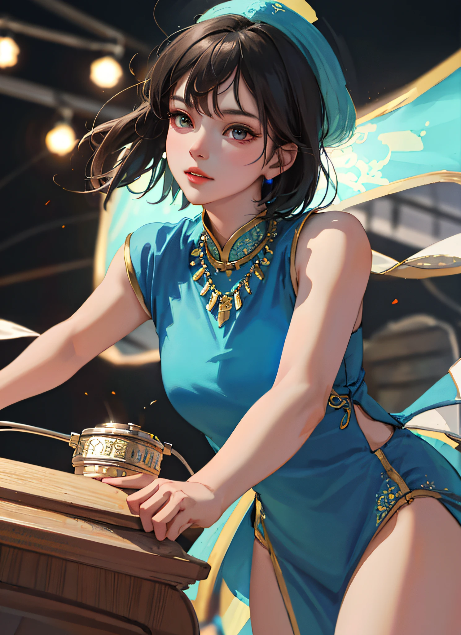 Best Quality, Masterpiece, Hi-Res, One Girl, Cheongsam, Headwear, Necklace, Jewelry, Beautiful Face, upon_body, Tyndall Effect, Photorealistic, Dark Studio, Rim Lighting, Two-Tone Lighting, (High Definition Skin: 1.2), 8k uhd, dslr, soft lighting, high quality, volumetric lighting, candid, photography, high definition, 4k, 8k, bokeh