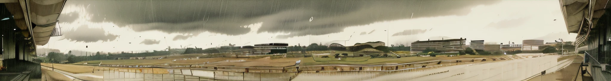 there is a view of a tennis court from a window, nice slight overcast weather, gloomy/wet atmosphere, dreary atmosphere, slight overcast lighting, 1 0 0 meter in the distance, on a racetrack, wide shot!!!!!!, overcast!!!, rain and haze, 8 k. filling of the view, slight overcast weather, overcast day, panoramic widescreen view