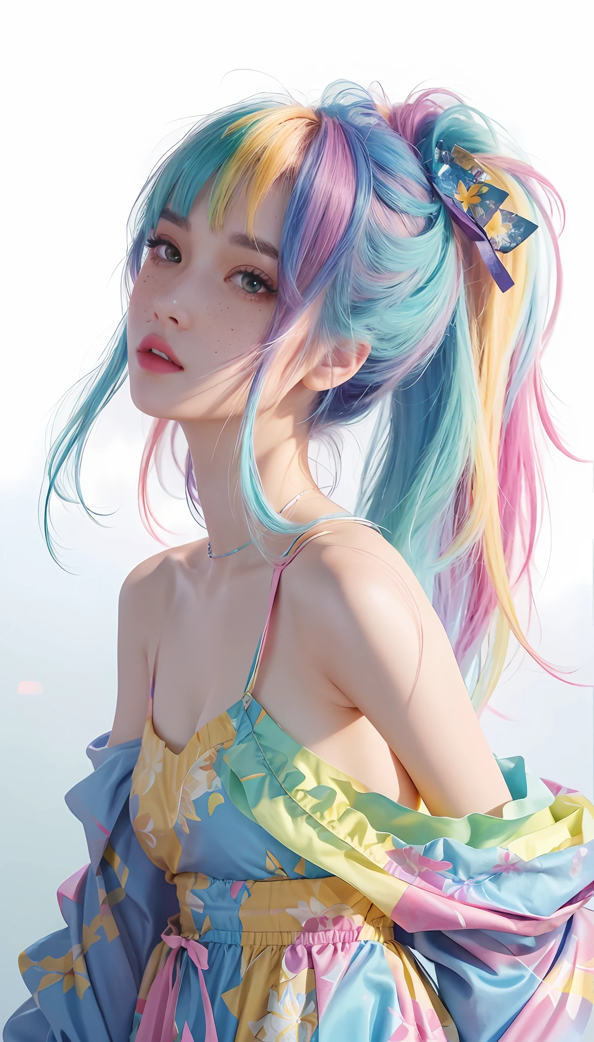 ((ultra detailed)),((Bright eyes)), (Detailed eyes) , 8k, blink blink, (The Little Faux Freckles Makeupgirl), ((realistic skin)), ((focus detailed 2 straps on the shoulders of dress)) , ((shiny facial skin)), with colorful hair and a colorful dress, rossdraws pastel vibrant, rossdraws cartoon vibrant, style anime 8k, beautiful portrait, artgerm colorful!!!, ! dream artgerm, beautiful anime girl, styled digital art, art wallpaper 8k, digital art, extremely detailed artgerm,