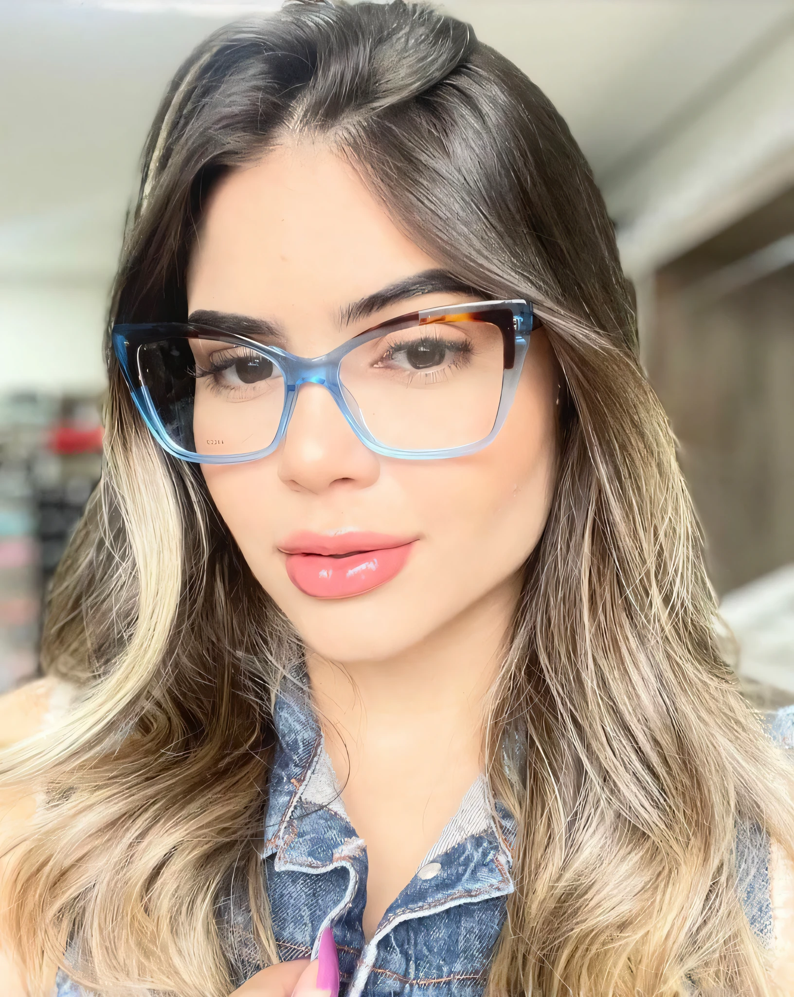 a woman with glasses and a denim jacket posing for a picture, blue rimmed glasses, girl with glasses, wearing square glasses, thick glasses, with square glasses, brazilian, glasses without frames, eyeglasses, square glasses, some glints and specs, glasses frames, with glasses, transparent glasses, thick - rimmed glasses, beautiful look, mia khalifa