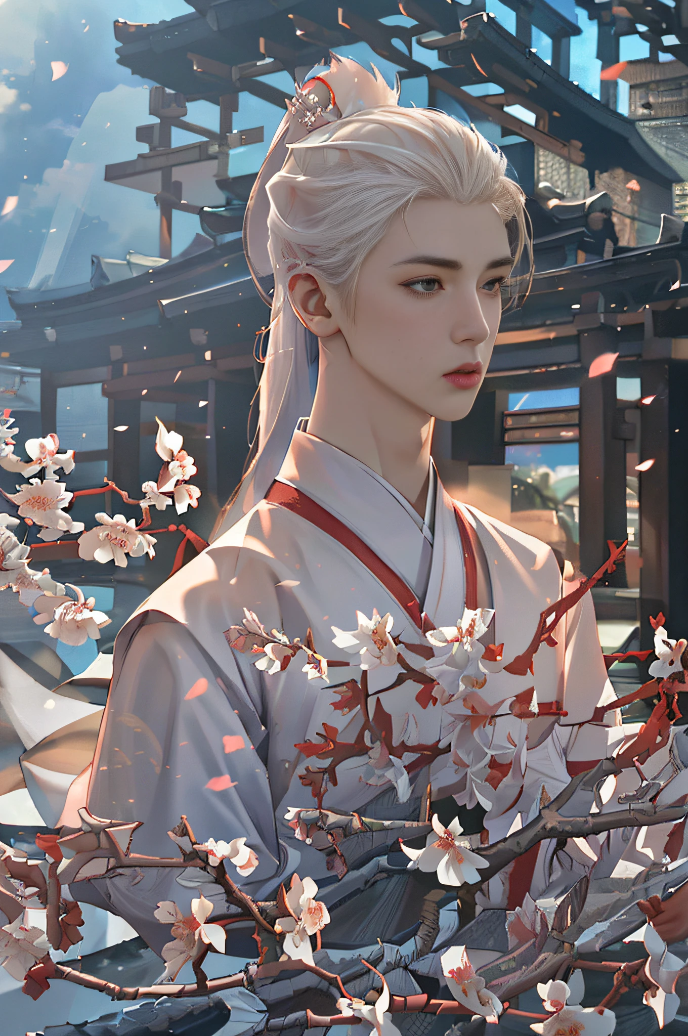 (Best Quality), (Realisticity: 1), Realistic Skin Texture, Highly Detailed, 8k Wallpaper, Masterpiece, Ultra Detailed, Detailed Facial Features, Volume Lighting, Dynamic Lighting, Bust Shot, Men, Peach Blossom Forest, White Long Hair, Ponytail, White Hanfu, Red Belt, Petals Flying, Hazy, Ancient Architecture, Movie Lighting, Dynamic Perspective,