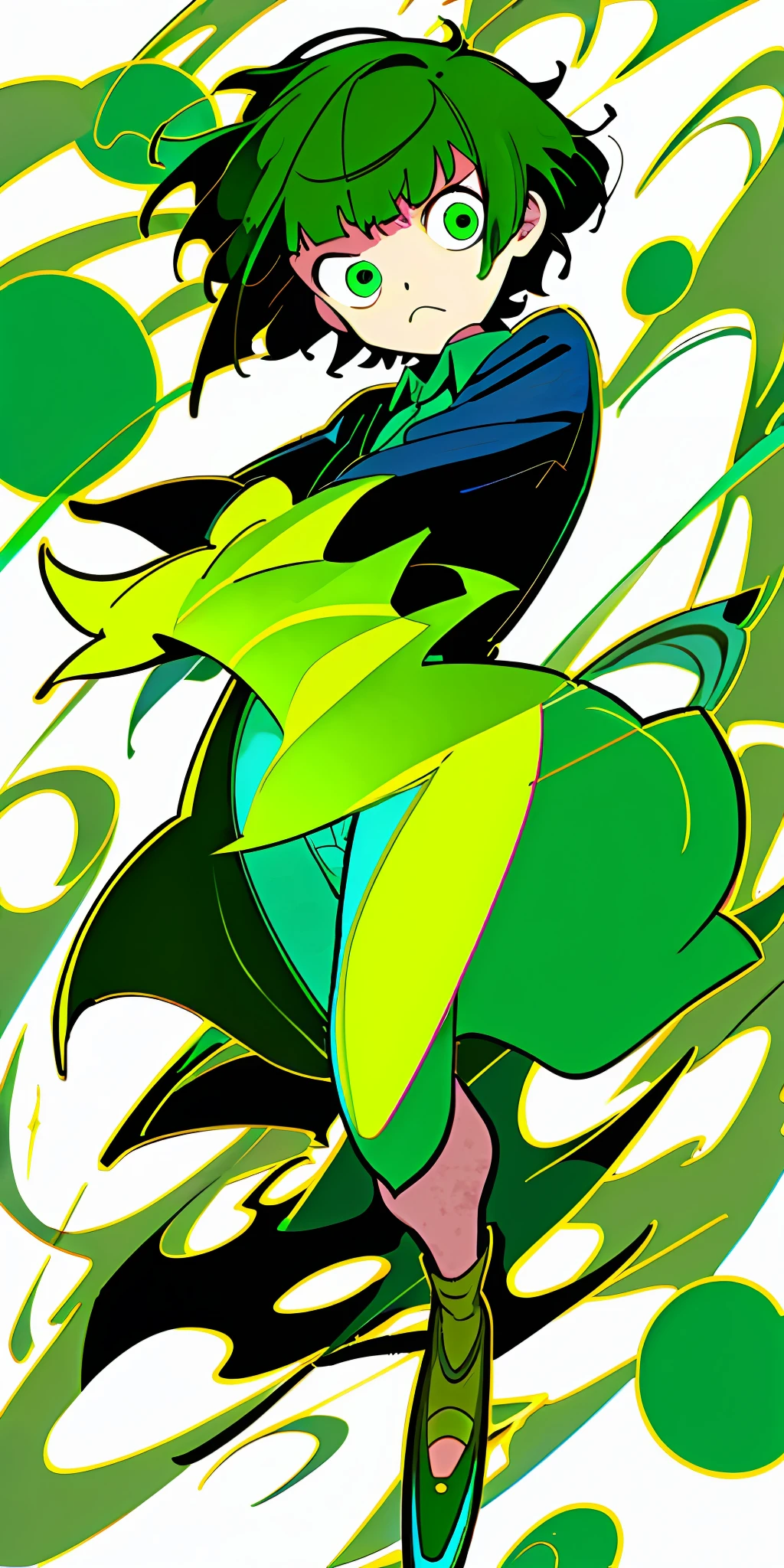 Flat color, green short hair, man, frightened face, drawing as if drawn with G pen