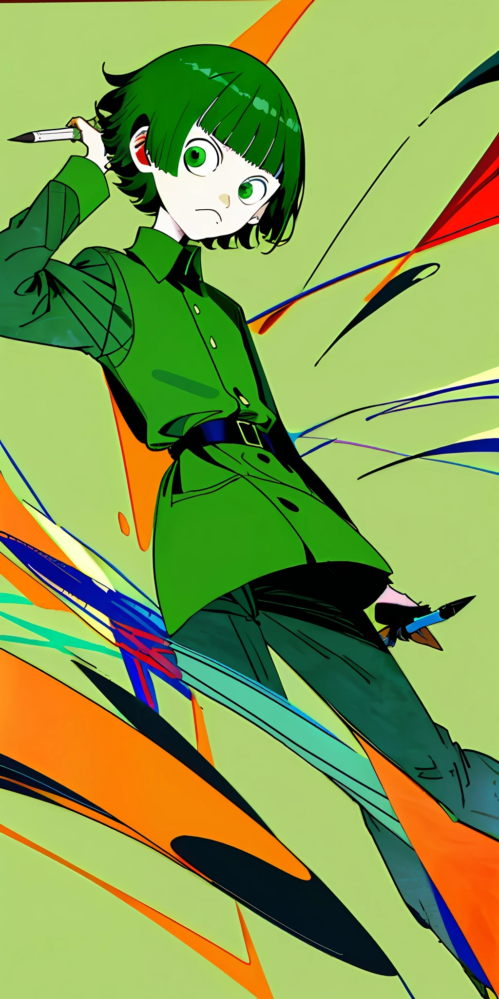 Flat color, green short hair, man, frightened face, drawing as if drawn with G pen