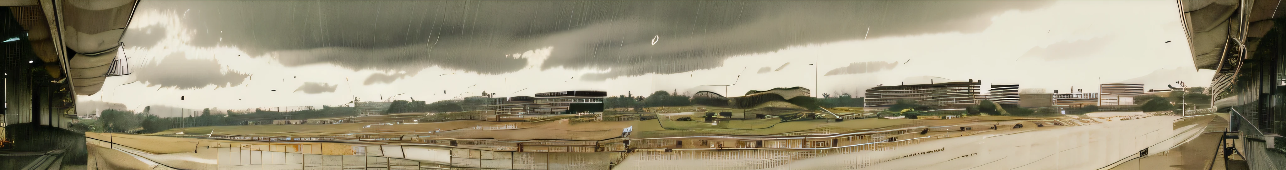 there is a view of a tennis court from a window, nice slight overcast weather, gloomy/wet atmosphere, dreary atmosphere, slight overcast lighting, 1 0 0 meter in the distance, on a racetrack, wide shot!!!!!!, overcast!!!, rain and haze, 8 k. filling of the view, slight overcast weather, overcast day, panoramic widescreen view