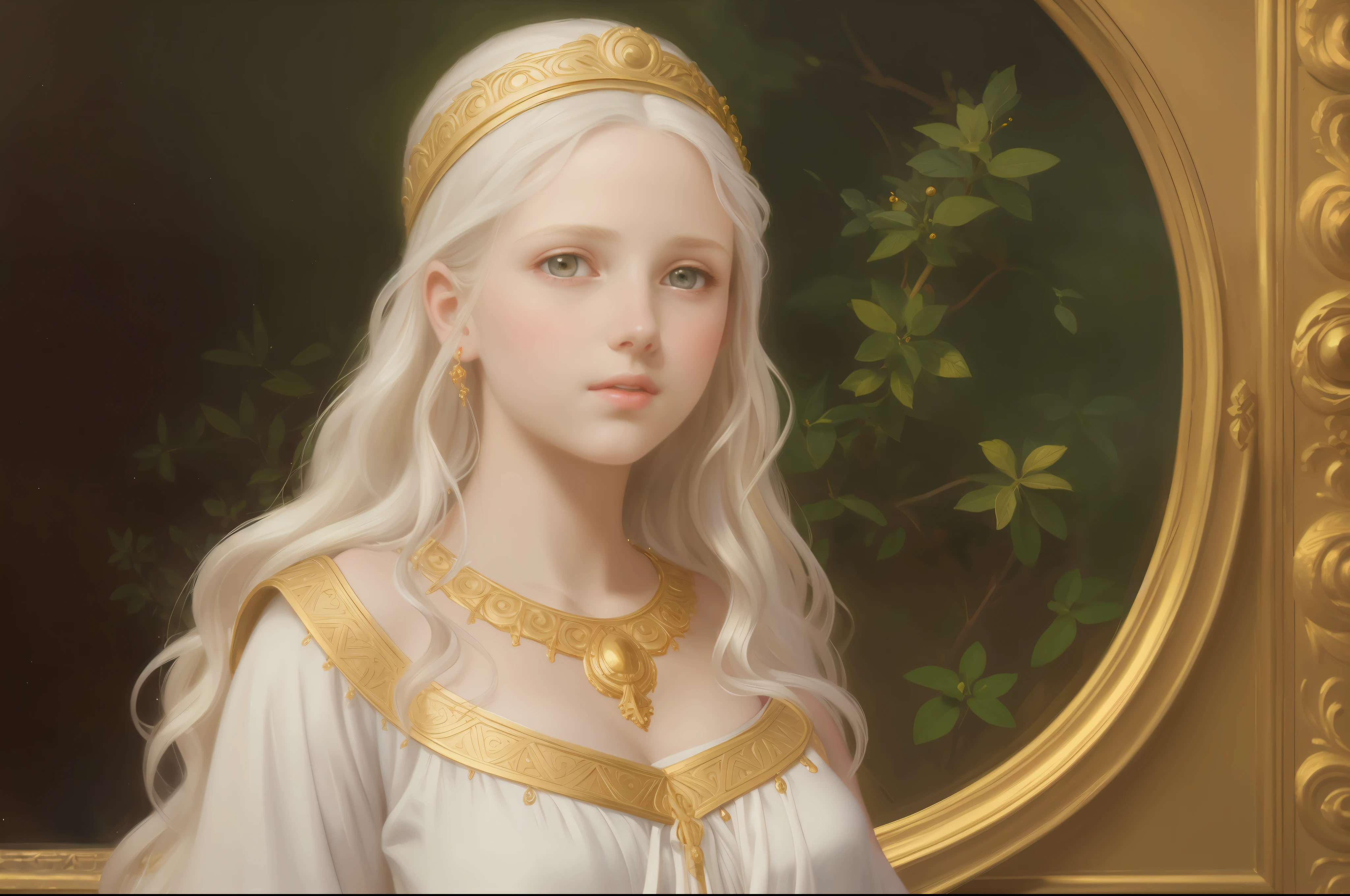 1girl, beautiful age girl, beautiful 13 year old girl, very small breasts, long wavy white hair, thin jaw, large white sash covering breasts, golden decorations, portrait, oil painting, realistic proportions, intricate, intricate details, sharp focus, beautiful female body, classical painting, outside, greek temple