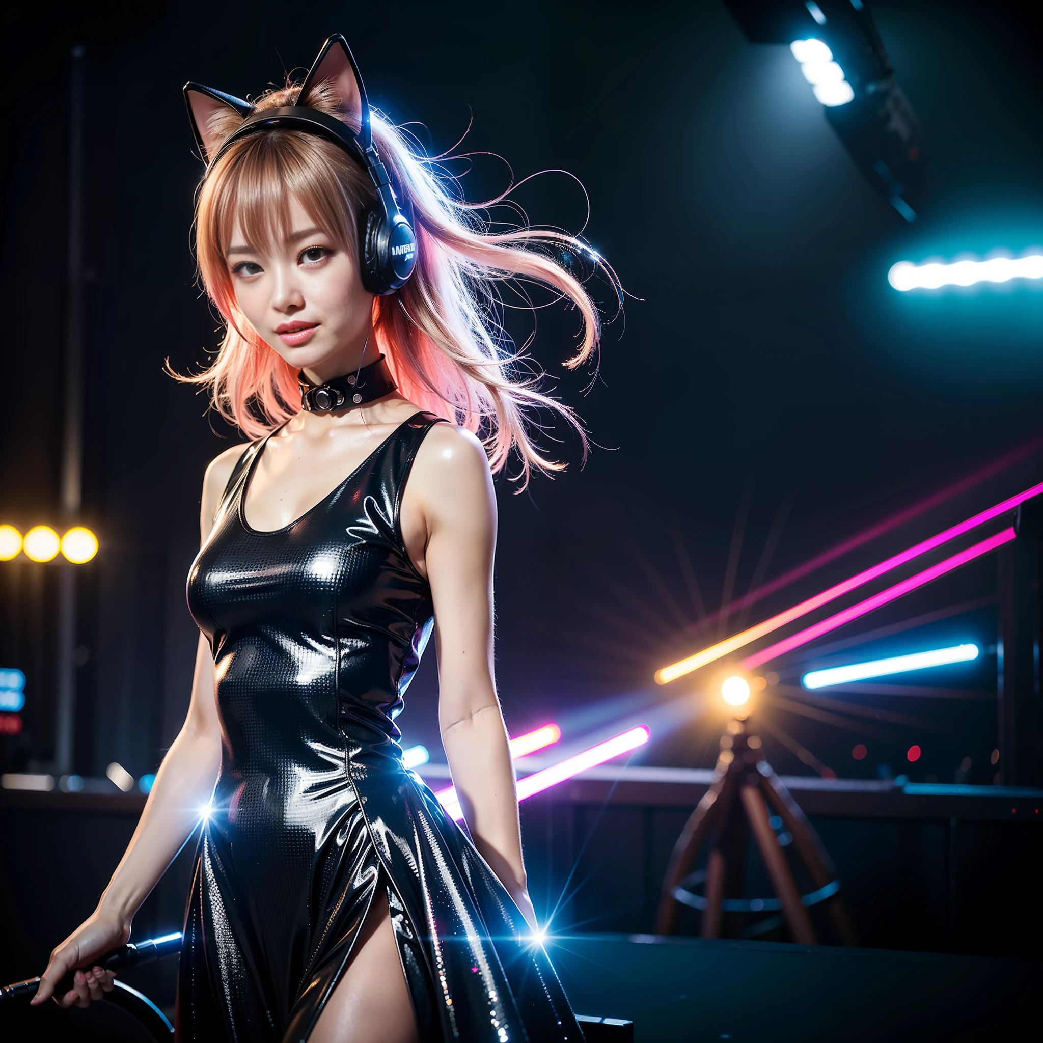 ((8k, RAW photos, best image quality, masterpiece,:1.2)), (realistic, photorealistic: 1.3),(depth of field: 1.2),18 years old beautiful Japan girl, dynamic angle,(1 person:1.3),1 girl,solo,sci-fi,futuristic idol, colorful and high-tech idol dress, glowing neon light idol dress, holographic clothing, reflective dress, Techwear, volumetric lighting, glowing eyes, multicolored hair, flowing hair, (gradient neon color: 1.5), flash, real skin, HDR, fisheye, all-out smile, headset microphone, cat ear gaming headphones, neon lights, neon rim lights, glowing neon on stage, laser beam on stage, psyllium, spotlights, cowboy shots, moody lighting, concert venue, (packed arena seat background: 1.5), (smiling and singing with microphone on stage: 1.5),intricate details,cyberpunk,(exploding pixel particles:1.2),cinematic lighting,dynamic lighting