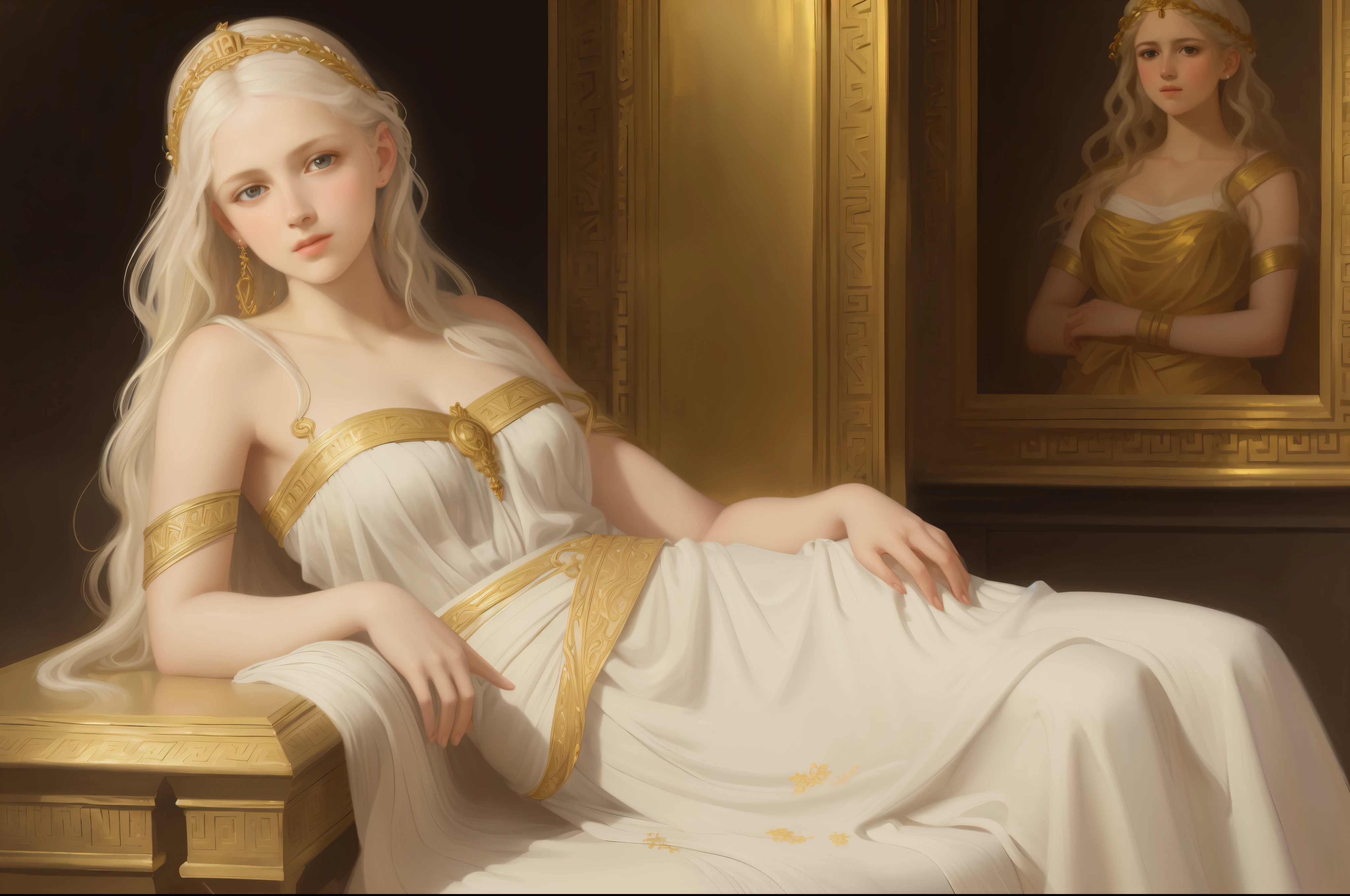 1girl, beautiful age girl, beautiful 13 year old girl, very small breasts, long wavy white hair, thin jaw, large white sash covering breasts, golden decorations, portrait, oil painting, realistic proportions, intricate, intricate details, sharp focus, beautiful female body, classical painting, outside, greek temple
