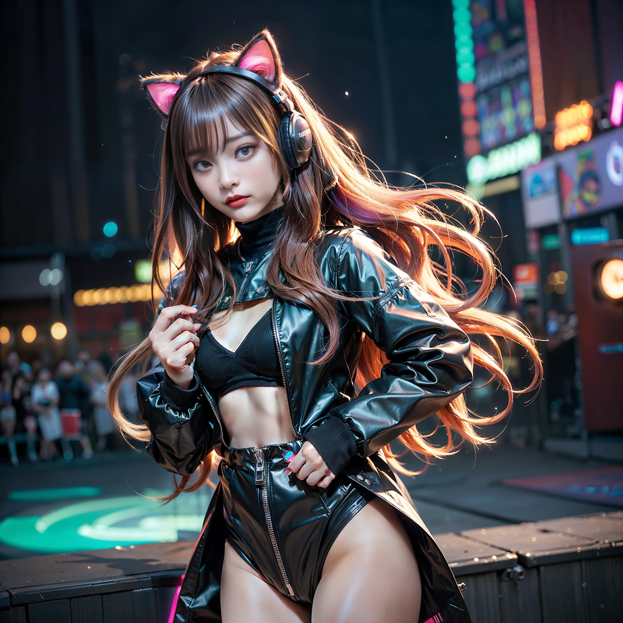 ((8k, RAW photos, best image quality, masterpiece,:1.2)), (realistic, photorealistic: 1.3),(depth of field: 1.2),18 years old beautiful Japan girl, dynamic angle,(1 person:1.3),1 girl,solo,sci-fi,futuristic idol, colorful and high-tech idol dress, glowing neon light idol dress, holographic clothing, reflective dress, techwear, volumetric lighting, glowing eyes, multicolored hair, flowing hair, (gradient neon color: 1.5), flash, real skin, hdr, fisheye, cute smile, microphone, cat ear headphones, neon lights, neon rim lights, laser beam on stage, psyllium, spotlight, cowboy shot, moody lighting, concert venue, On Stage, (Packed Arena Seats Background: 1.5), (Holding a microphone on stage: 1.5),Complex Detail,Cyberpunk,(Exploding Pixel Particles:1.2),Cinematic Lighting, Dynamic Lighting