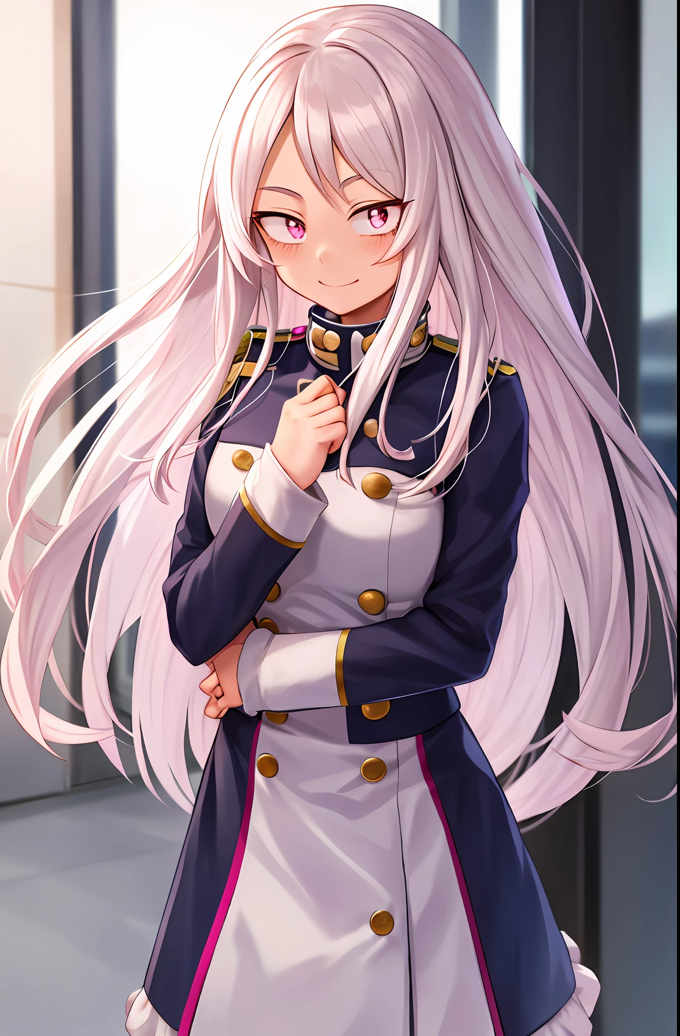 Boku no hero academia style, Original character , 1 girl, calm, Yuei uniform woman, long white hair, pink eyes, blurry, yuei in the background, boku no hero academia, chama kou, high resolution, look away, female focus, face smiling a little, shy face, mouth close, pink eyes, long hair, smooth hair,