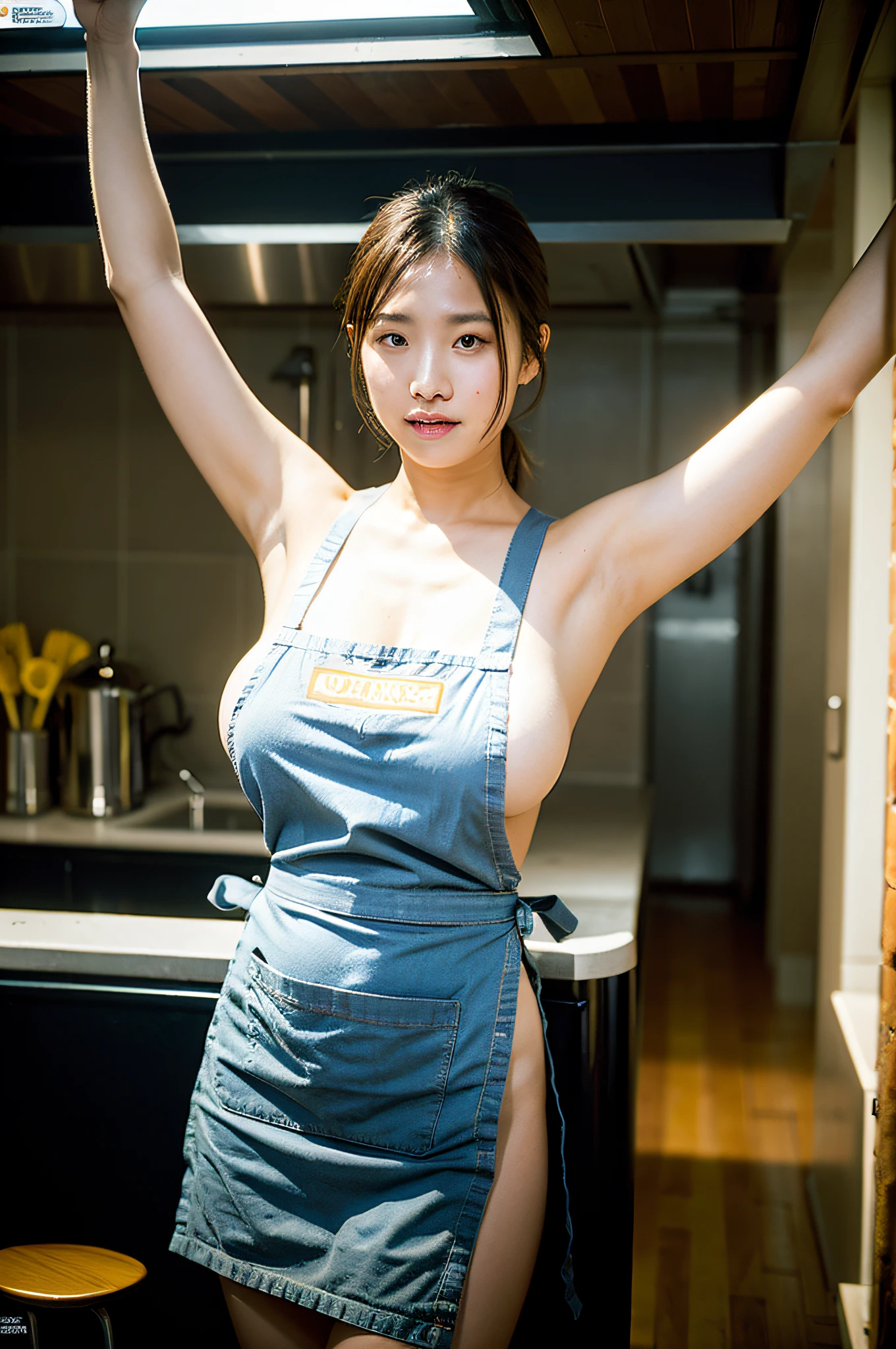 1girl, solo, breasts, huge breasts, scifi future room, technology machinery interior, armpits, apron, sideboob, realistic, hands up, naked apron,