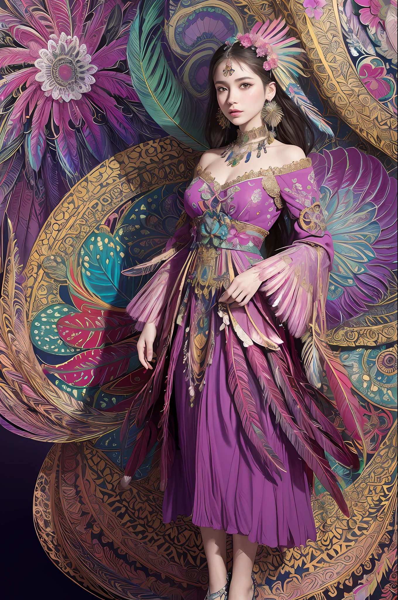 (masterpiece, top quality, best quality, official art, beautiful and aesthetic:1.2), (1girl:1.3), extremely detailed,(fractal art:1.1),(colorful:1.1)(flowers:1.3),highest detailed,(zentangle:1.2), full body, (abstract background:1.3), (shiny skin), (many colors:1.4), ,(earrings), (feathers:1.5),