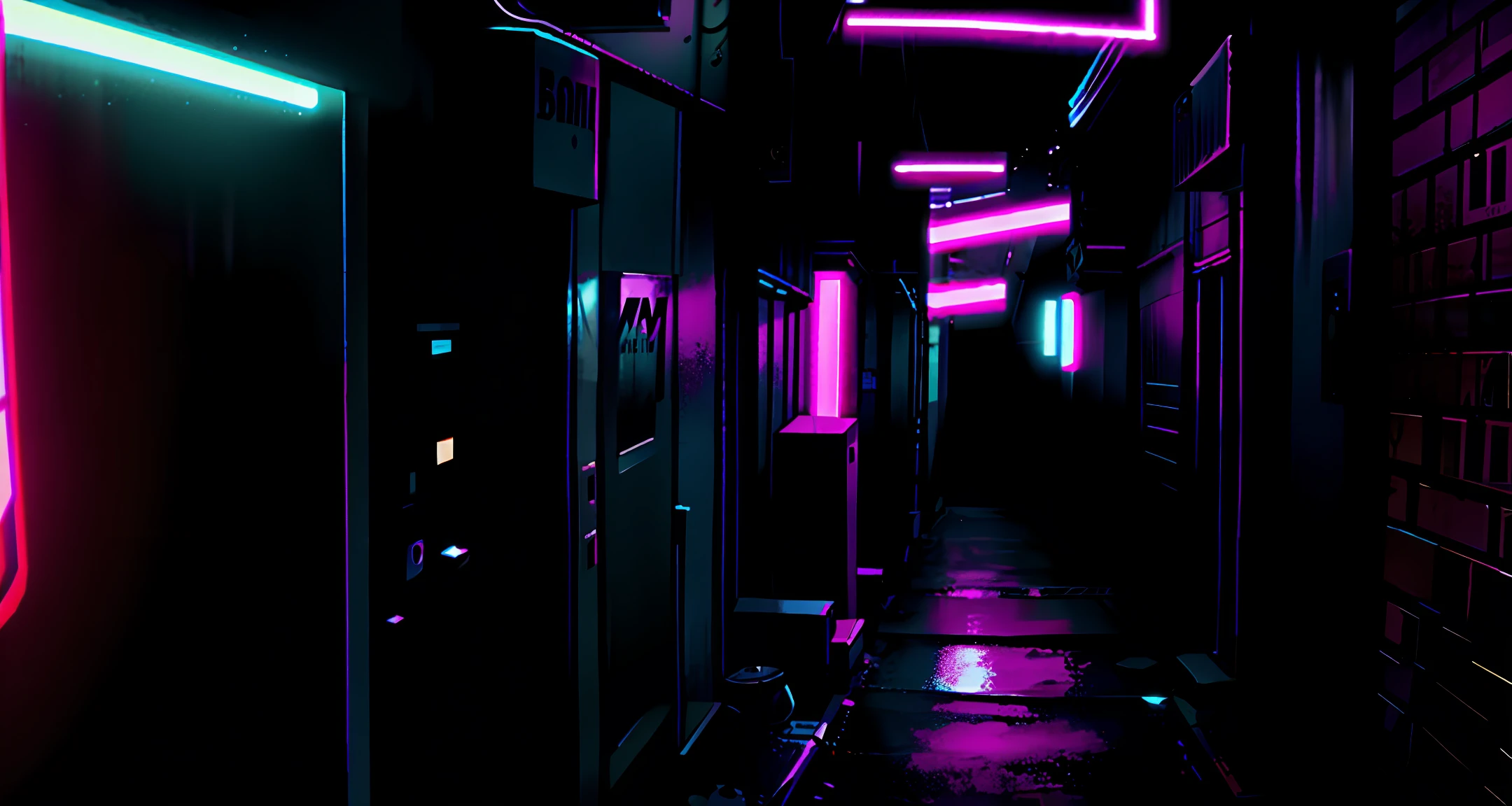 Dark alley. Neon lights. White eyes emerging. Neon noir. Realistic noir atmosphere.