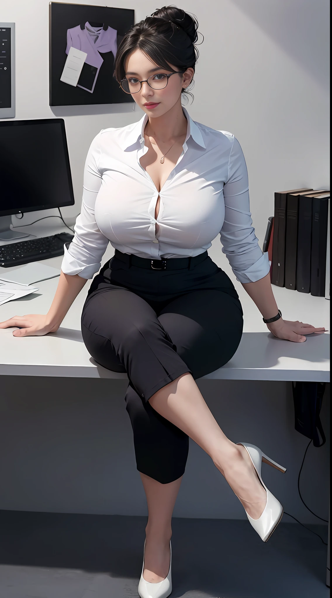 1 girl, masterpiece, best quality, super detailed, fine fine eyes and detailed face, clothing:, tight white shirt unbuttoned, wedding ring, Appearance: neat low bun black short hair, natural makeup, (purple eyes: 1.05), white glasses, wide buttocks, big breasts, seductive, motherly, at_the_CEO_office, looking at the audience, curvy, sexy, full body, CEO lady, (mature women, MILF: 1.1), solo, (curve: 1.1), big ass, milf, modern office background, sitting down, legs crossed, bare feet dangling,