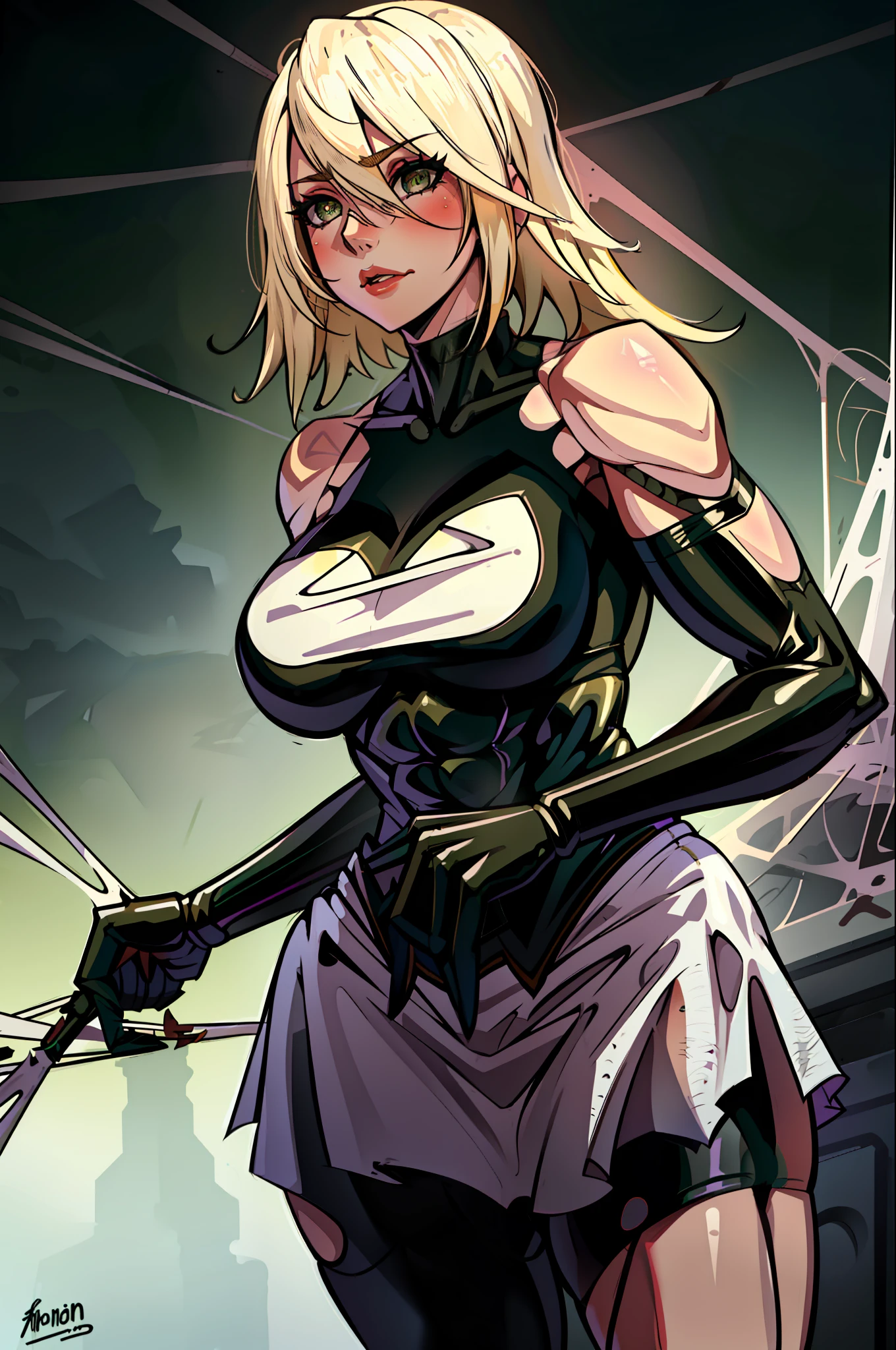 (((1girl))), ((blonde hair)), spider, ((spider web)), silk, green eyes, konosuba, large breasts, waifu, muscular
masterpiece, best quality, highly detailed