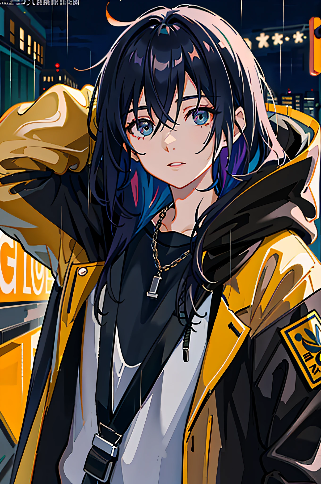 1girl, jacket, rain, outdoors, hoodie, open jacket, chain, backpack, looking at another person, messy hair, colored hair, trends on artstation, 8k resolution, very detailed, anatomically correct, clear images, digital painting, concept art, trends on pixiv, Makoto Shinkai style,