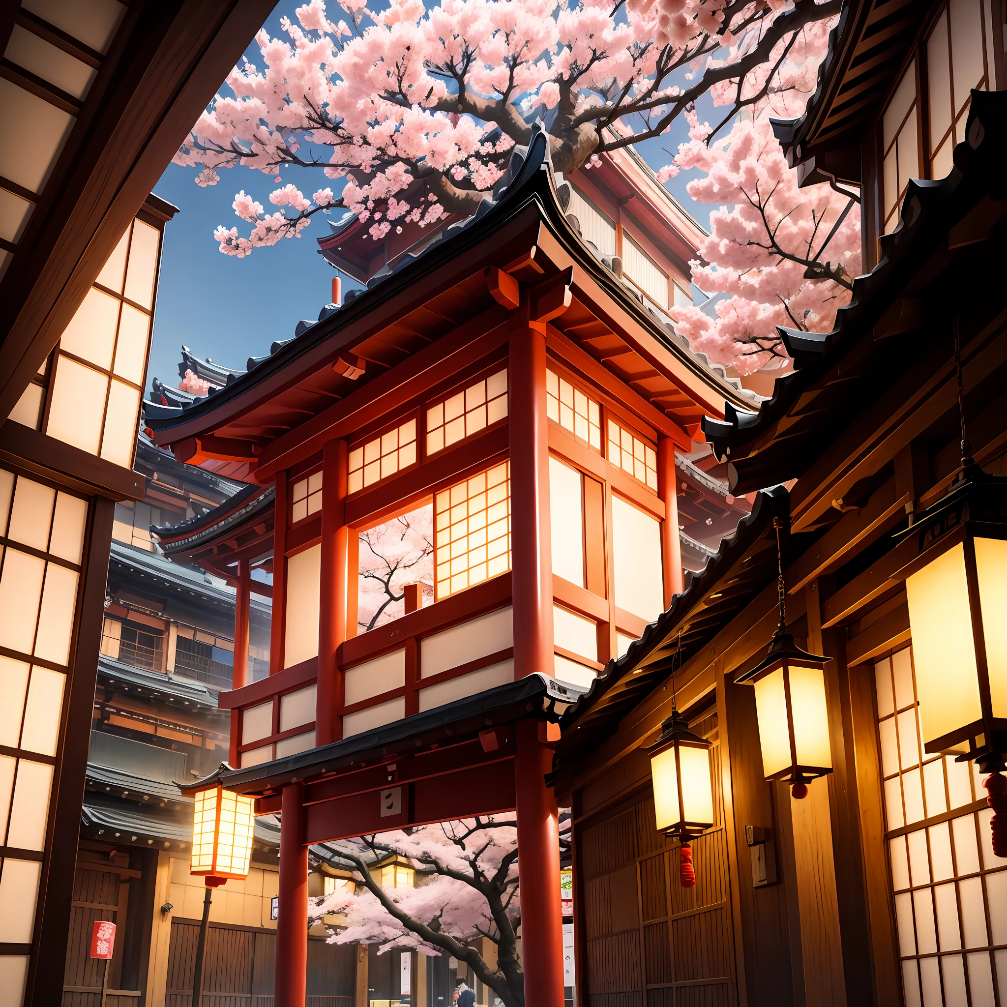 Print, manga, colorful, Japanese lantern, sakura, framing, Shibuya, modern Japan with sakura flowers falling in the wind.