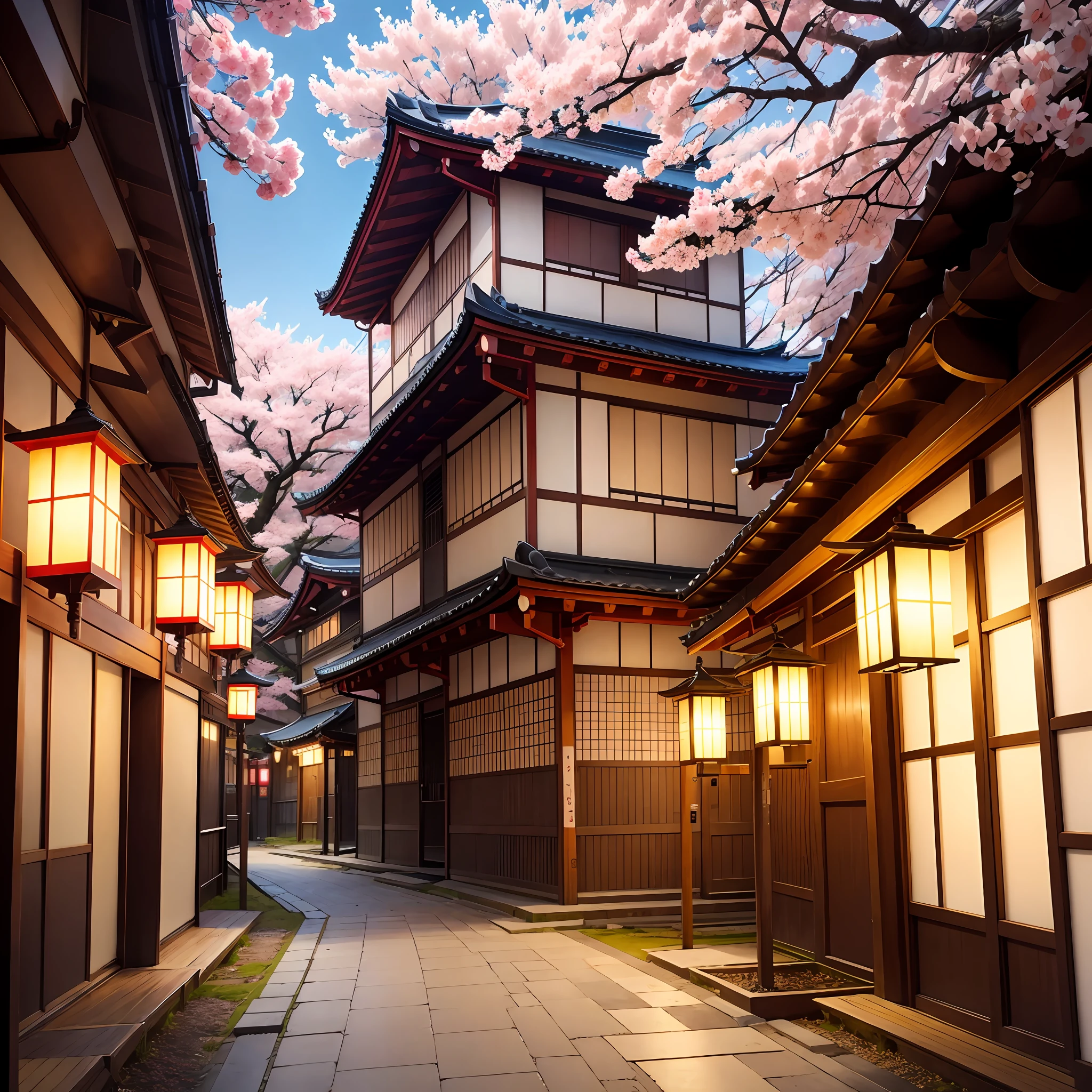 Print, manga, colorful, Japanese lantern, sakura, framing, Shibuya, modern Japan with sakura flowers falling in the wind.