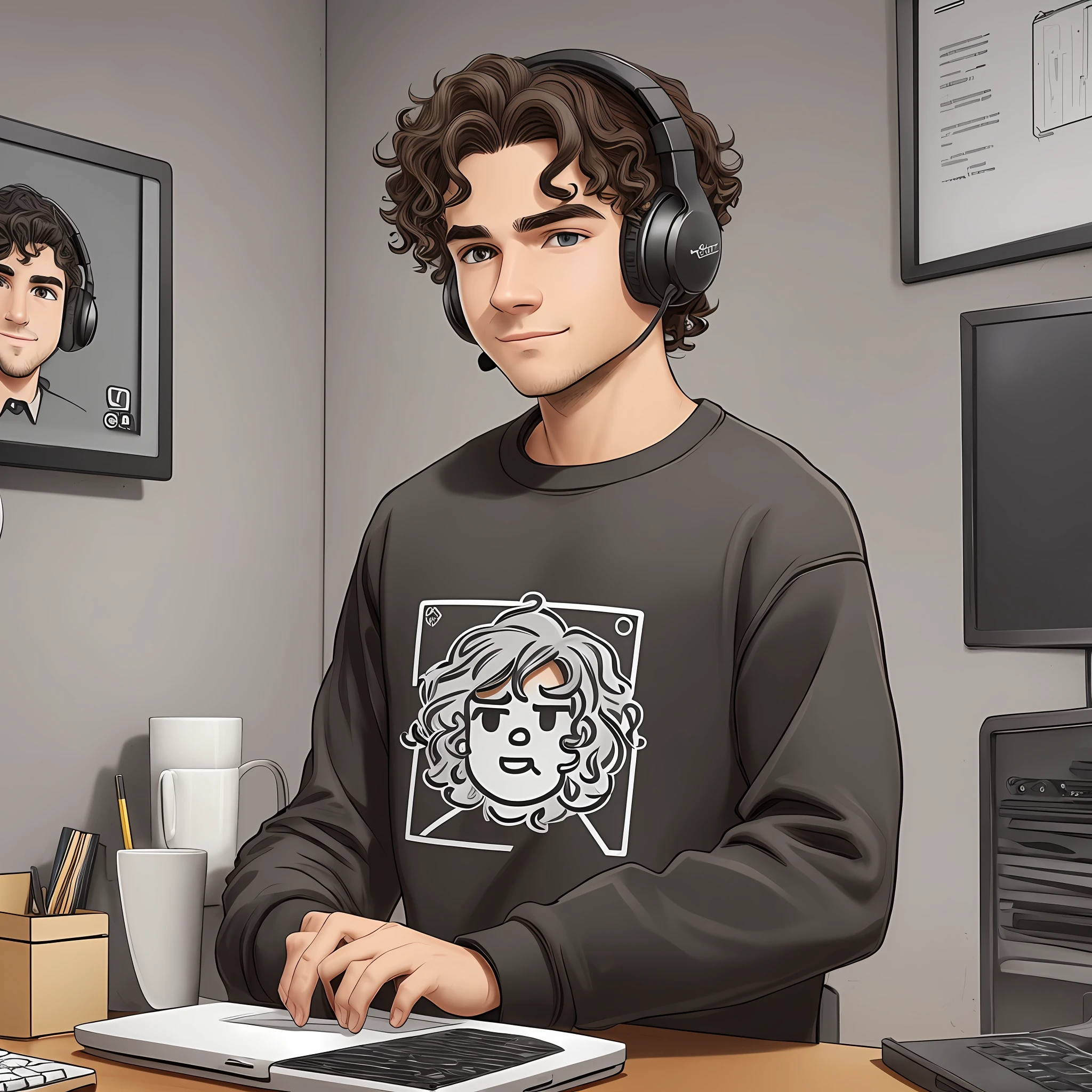 Young man brown almost white in black and gray sweatshirt, wavy hair and slightly curly, standing near a desk with a laptop and a mug, happy, features of the face, medium nose, little thick eyebrow, no beard or mustache, Model in RPG, wearing small headset with hair a little short --auto --s2