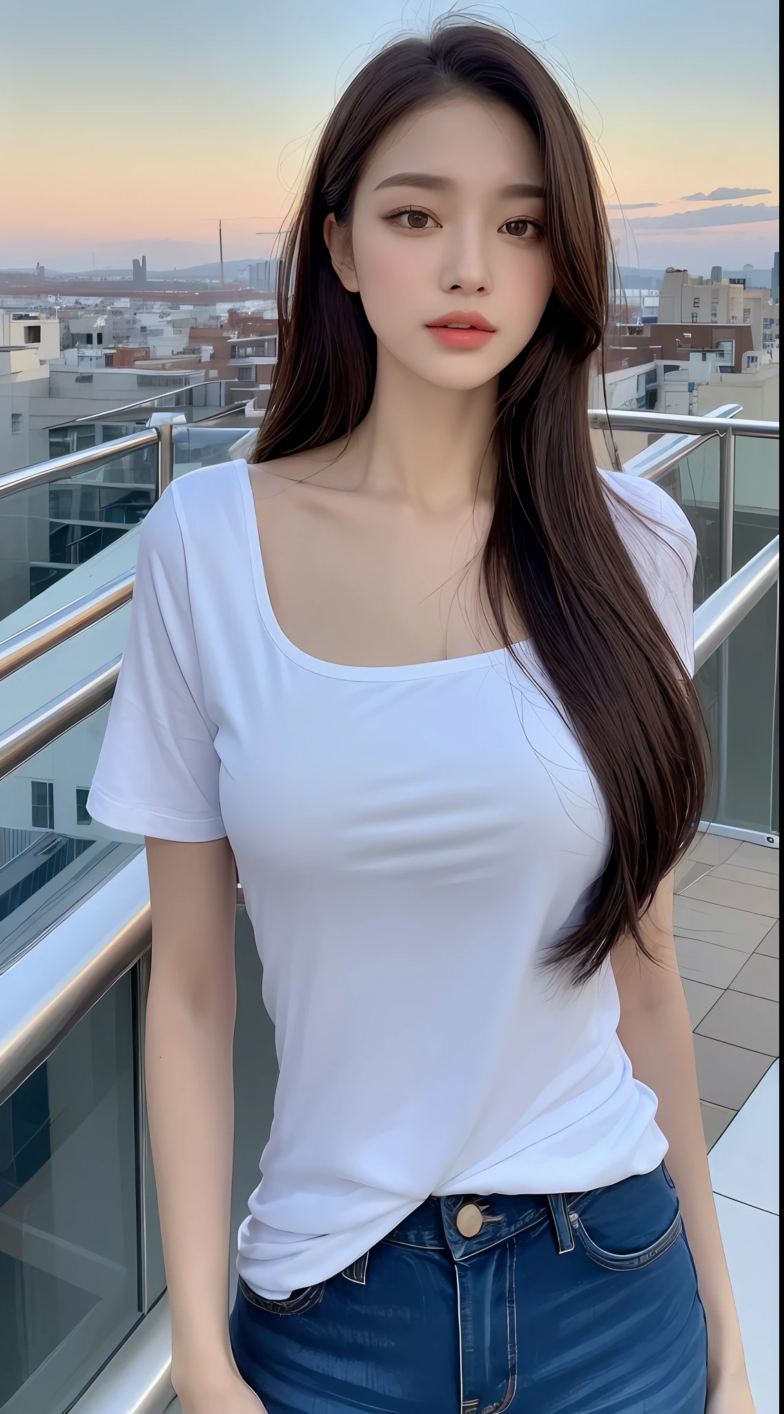 ((Midnight, Best quality, 8k, Masterpiece :1.3)), Whole body, Long legs, Sharp focus :1.2, A pretty woman with perfect figure :1.4, Slender abs :1.1, ((Dark brown hair, Big breasts :1.2)), (White tight tshirt, Jean bib, Standing:1.2), ((Night city view, Rooftop:1.3)), Highly detailed face and skin texture, Detailed eyes, Double eyelid