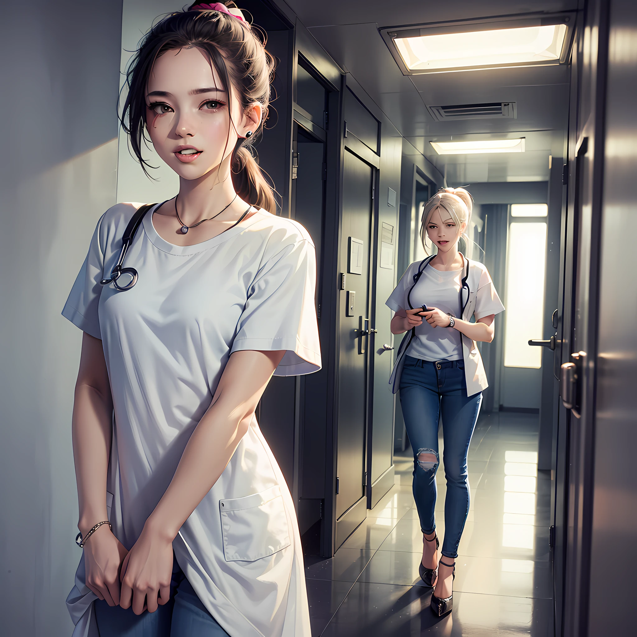 Female doctor: 1.3, white coat, ponytail hair, cold eyes), (men: 1.1, athletic, jeans, T-shirt), (women: 1.1, fair skin, dress, high heels), (couple, sweet laughter), (ward doorway), ([corridor, no one: 1.2]), (atmospheric light), (Embedding: no attention)