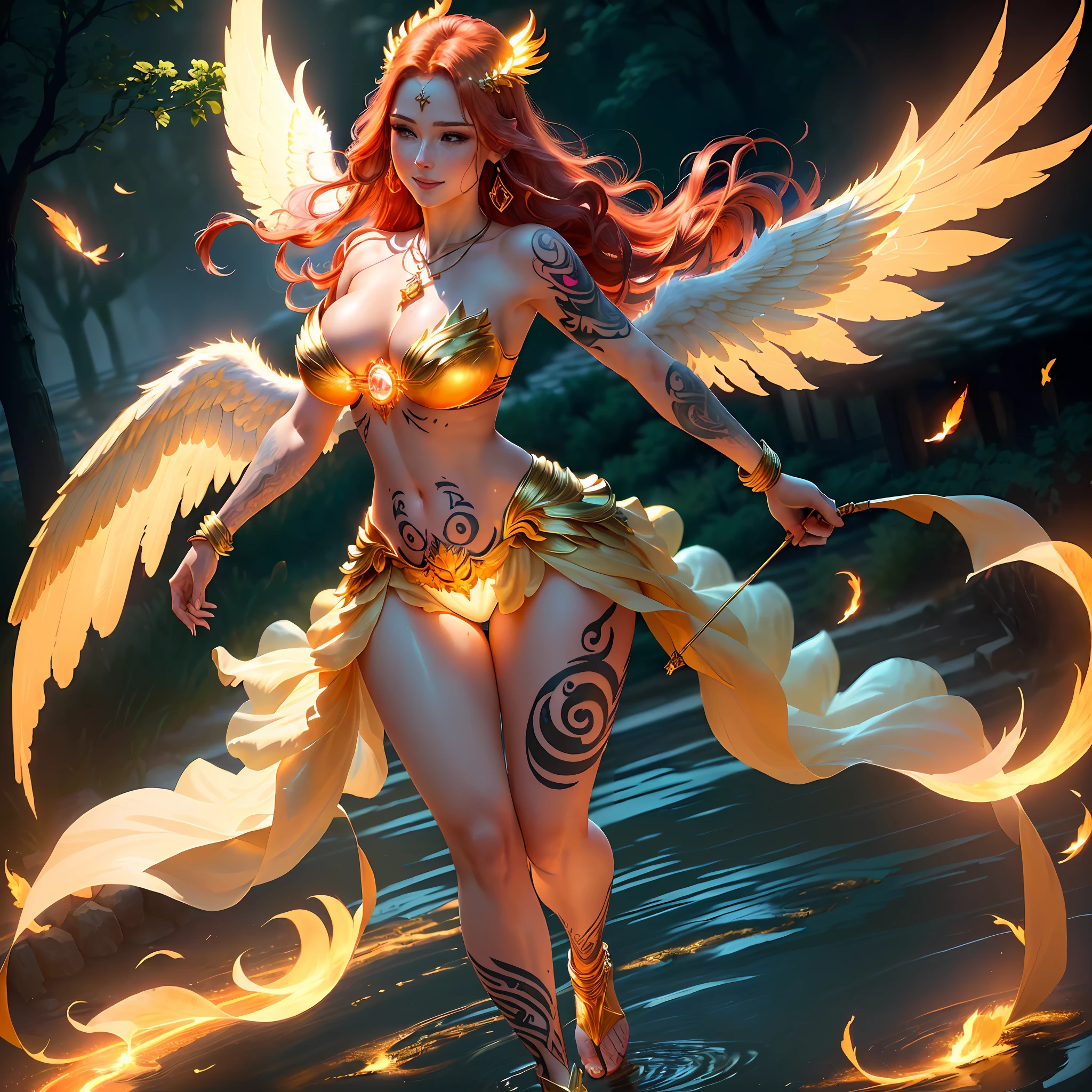(character on her back), (((a warrior-backed goddess with golden glow, with wings on her back, flying in the blue sky))), (on her back), a half-demon female angel with white wings and flying in the sky, on her back, long red hair, green eyes, very beautiful, sensual, in transparent nightgown, thick lips with red lipstick, thin waist, wide hips, thick legs, belly out, smiling, full body, super detailed, ultra realistic, 4K, anime style, background with mountains and blue sky with pasture, sensual dynamic pose, body covered with dew, reflection of lights in the hair and dew, necklace of precious stones, gold and ruby bracelet, glistening earrings, lightly made up, nails painted red, pink blush on the cheeks, eyes with eyeliner, eyelashes, lightly made up eyes, dew drops all over the body, wet body, gold navel piercing, golden sandals braided up to the shin, flowering garden in the background with rays of sunshine, wearing gold and ruby tiara, ((golden tribal tattoo)), large breasts with shivering beak, (((tattooed body))), wearing golden armor with jewels, with golden aura, gleaming, bright, floating, flying, flapping wings, (((surrounded by golden energy)), (((surrounded by white and golden aura))), emanating energy, action and fighting pose, (same character front, profile, back), emanating red power, golden ball of energy, flames, fire, lightning, holding bow and arrow, futuristic golden halo, burning armor, fire, explosion, fireball, fire star, star, intense brightness, light, character back, character profile, showing ass, ass, v--4, full body, full body with feet, sensual