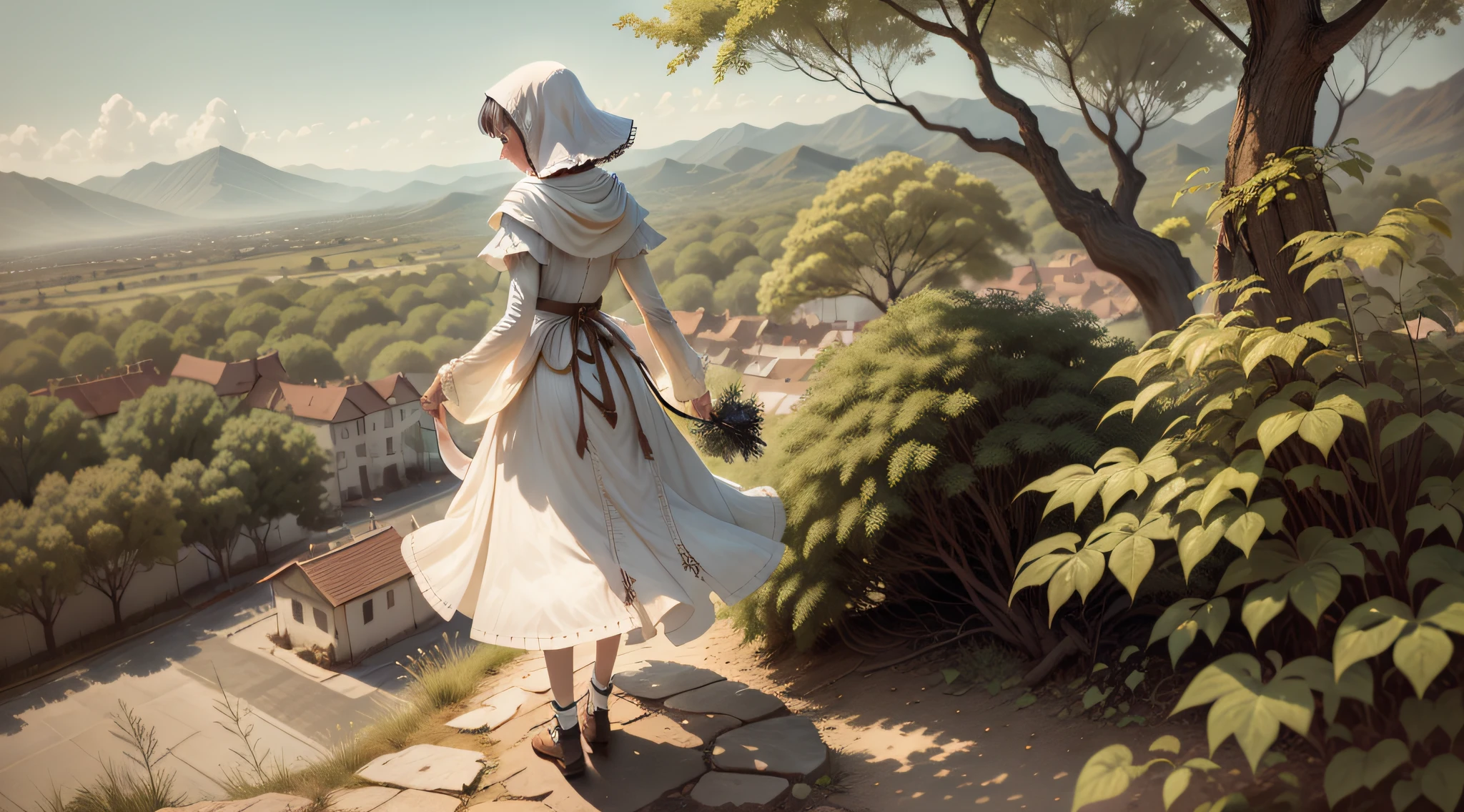 The thin girl stood alone in the shadow of the locust tree, overlooking the distant scenery. White dress, hope, breeze