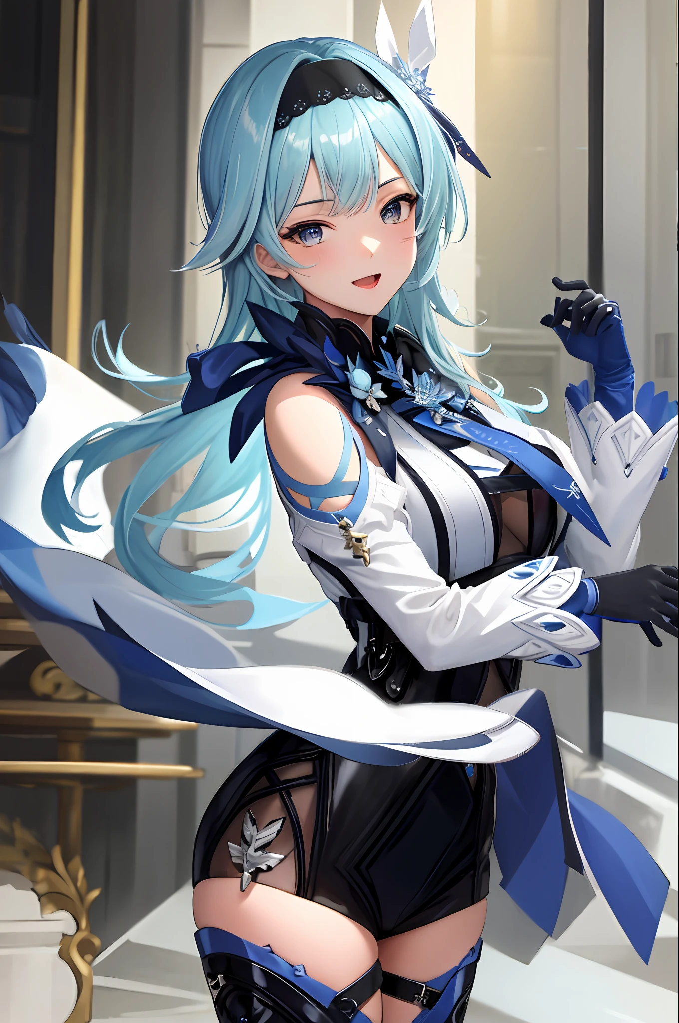 masterpiece, best quality, highres, hmsalome, ribbon, large breasts, tattoo, blue dress, long sleeves, bare shoulders, black gloves, cowboy shot, ojou-sama pose, smile, open mouth, hand on own face,