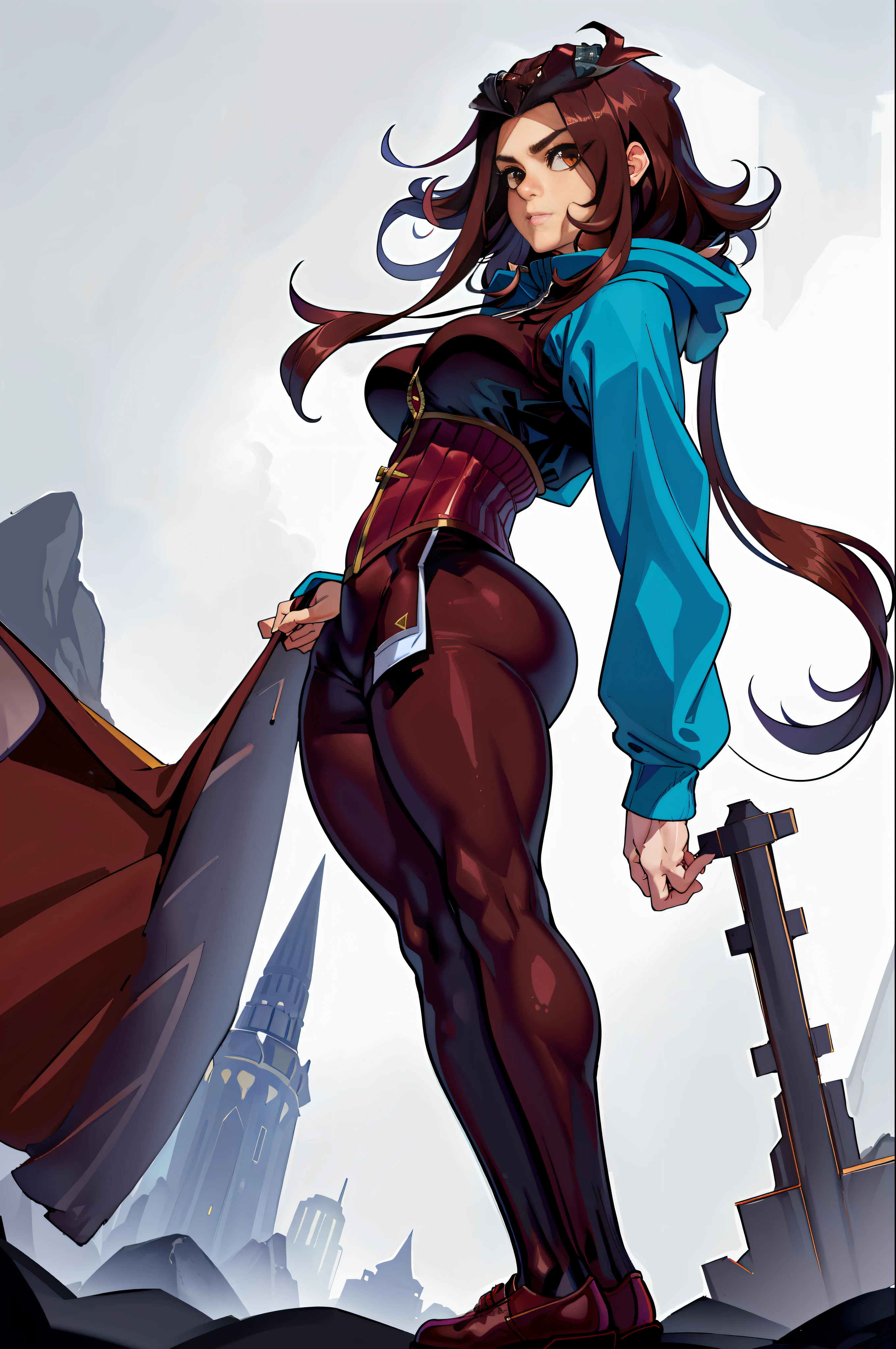 1girl, (((solo)))), bodybuilder, musuclar, hoodie oversized, big ass, strong shoulders, dark wine-colored hair, her hair is mostly at chin height with the addition of elbow-length fringes that frame both sides of her face, her bangs are curled frontally with a hair stylist-like device on the top of her head, brown eyes,masterpiece, best quality, shoes, full body, posing for a photo, beautifully colored-coded, socks, scrunchbutt leggings white background, studio, looking away, hooded, landscape a cave, night weather, strong wind, dust in the air, Izayoi Aki