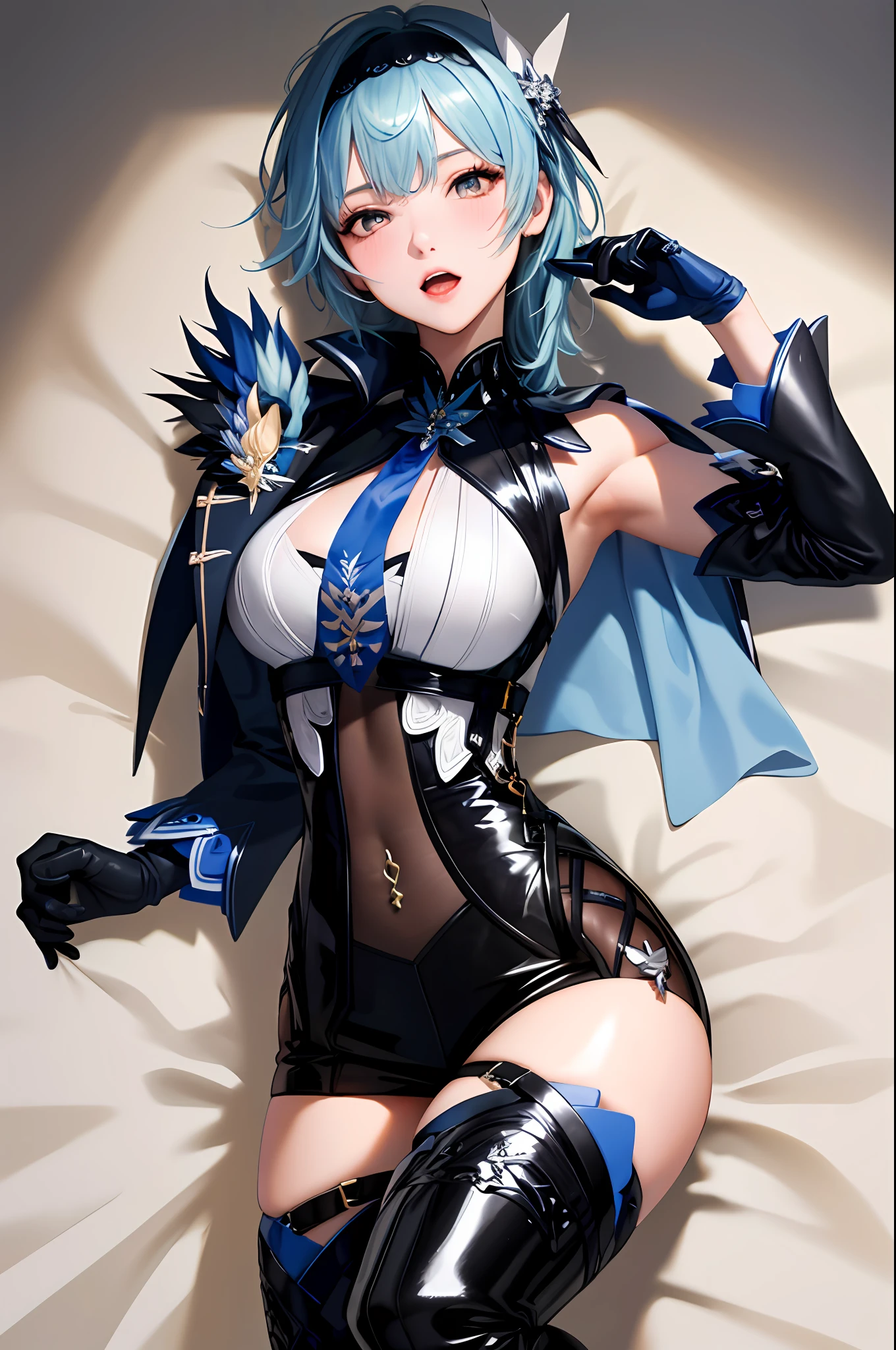 (((masterpiece,high resolution,best quality))), 1girl, blue hair, seductive face, solo,wine bottle,bare legs, large breasts, lying, on back, petals, looking at viewer, armpits, open mouth, solo, blush, wet clothes, heart, arms up, wet, bed sheet, origin, 1girl, blue cape, boots, gloves,epaulettes, black corset, corset, black gloves, :d, black skirt