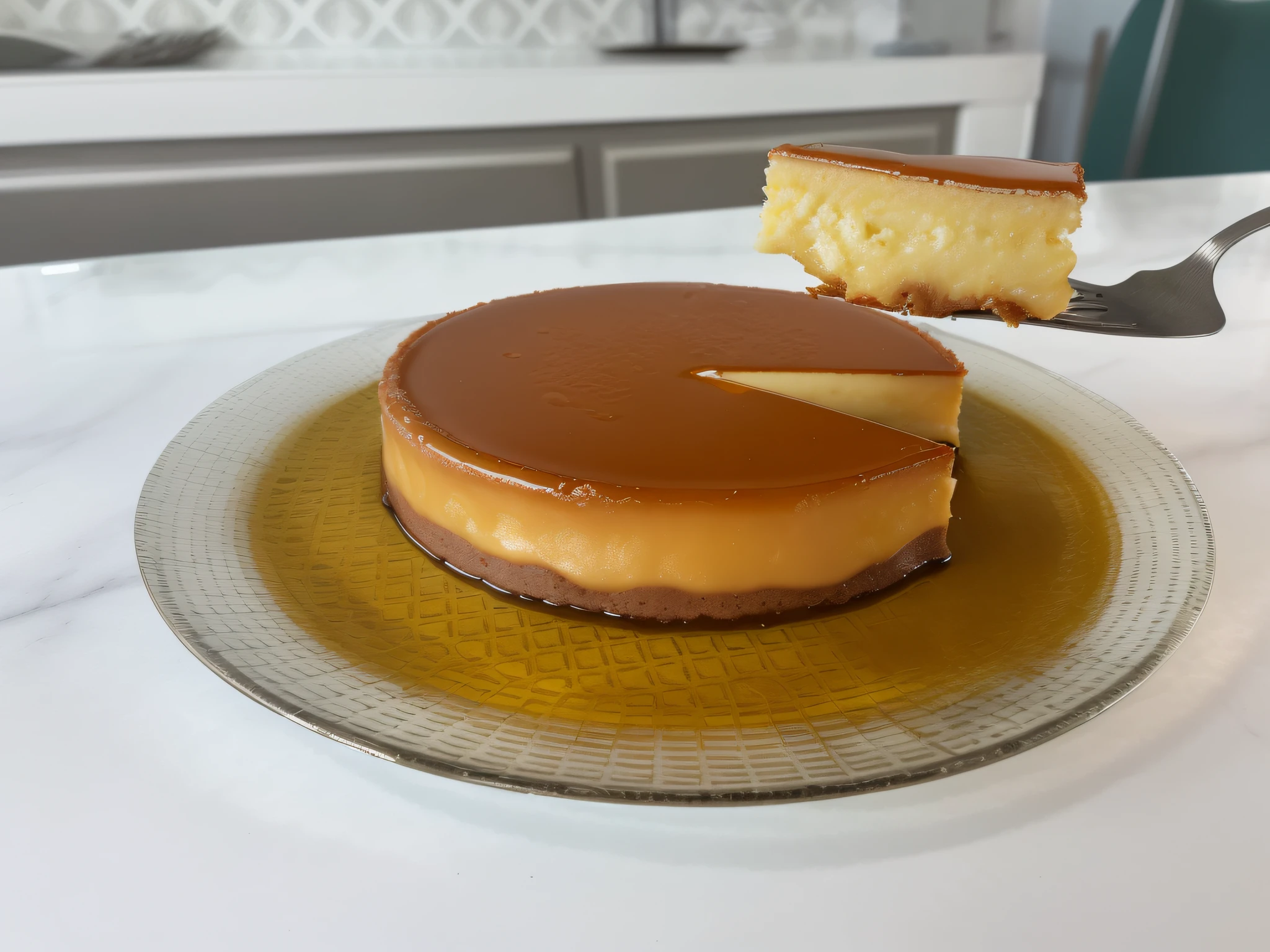 there is a piece of cake on a plate with a fork, flan, caramel, glazed, recipe, made of glazed, dessert, exquisite and smooth detail, competition winning, exploitable image, yummy, extremely clear and coherent, cake, taken with sony alpha 9, on a reflective gold plate, shot with iphone 1 0, luscious with sesame seeds, pastry