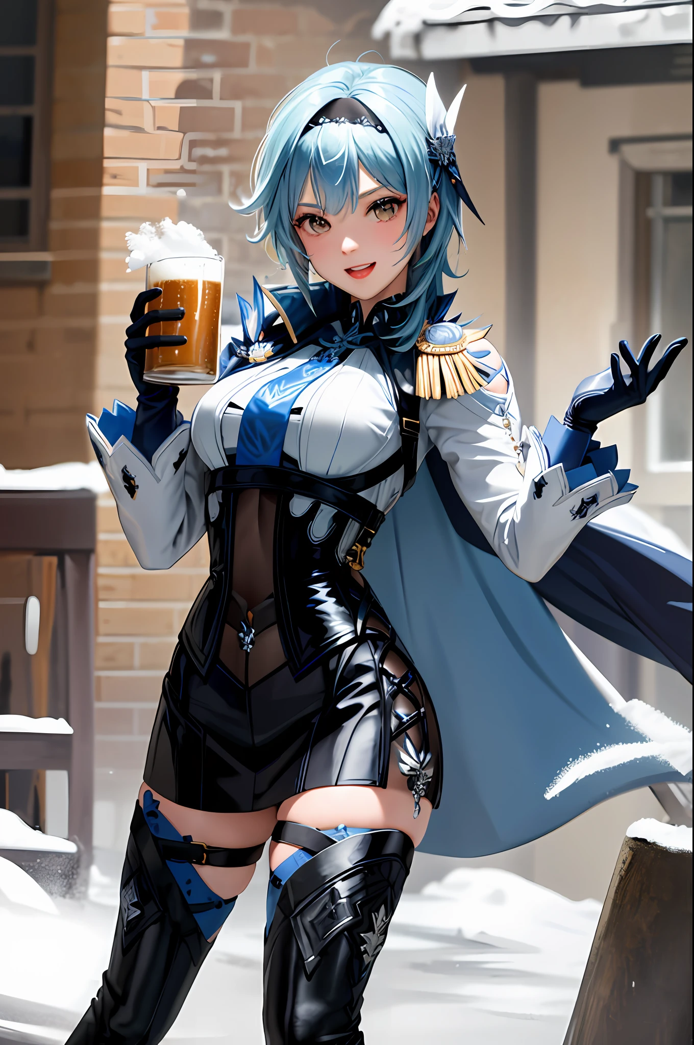 origin, 1girl, beer, beer mug, blue cape, mug, solo, long hair, boots, gloves, open mouth, cup, epaulettes, black corset, holding, smile, corset, alcohol, holding tray, black gloves, food, tray , white footwear, looking at viewer, :d, skirt