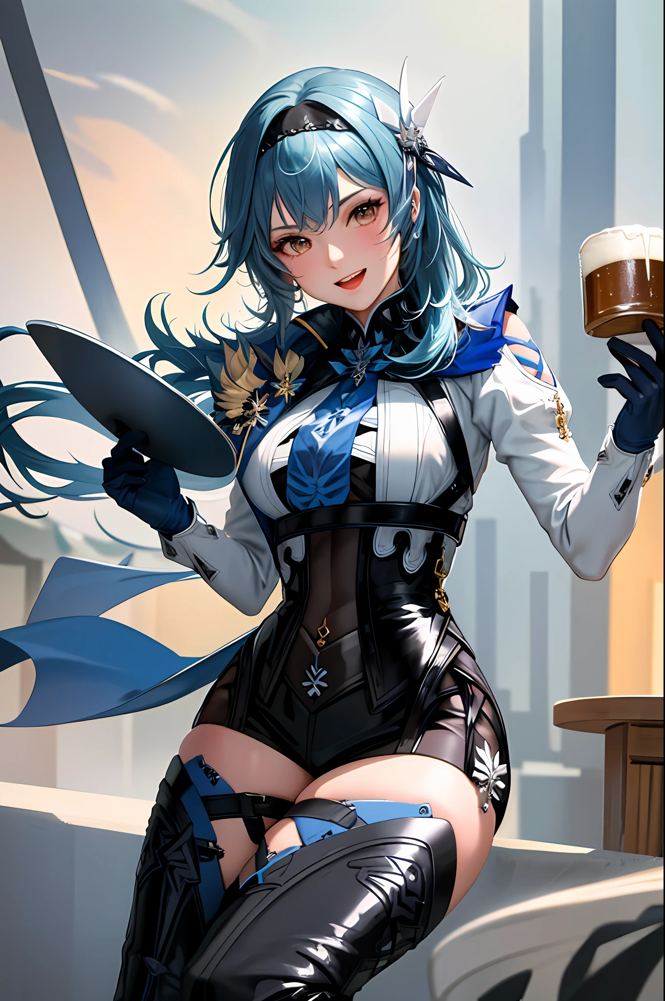 origin, 1girl, beer, beer mug, blue cape, mug, solo, long hair, boots, gloves, open mouth, cup, epaulettes, black corset, holding, smile, corset, alcohol, holding tray, black gloves, food, tray , white footwear, looking at viewer, :d, skirt