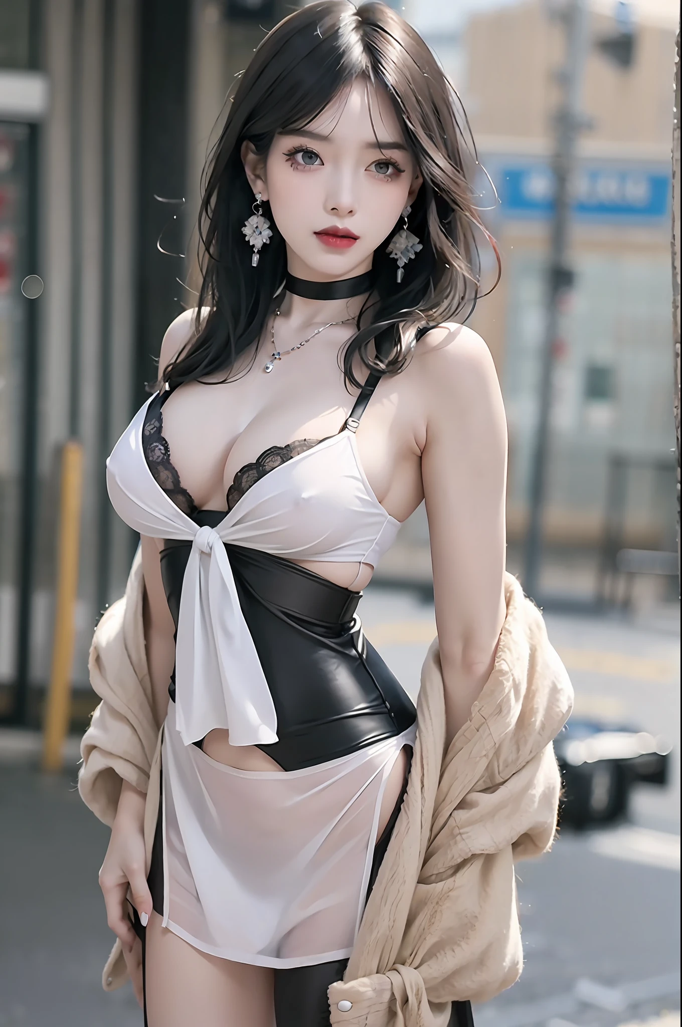 Black Hair Bob, (RAW Photo, Photorealism), (Very dark lipgloss, pitch black lipstick, so many eyelashes, pitch black eyeshadow, watery eyes, crying, angry, high quality, high resolution, depth of field, chromatic aberration, natural color, caustics, midnight, dark, Japan person, female, 20 years old), necklace, single woman, choker, earrings, bracelet, Soft big, white and thin blouse, good style, slender figure, tips of clearly visible, full body, bare legs, see-through bra, body line is very sexy, crotch wide open, sticking out, on duty, office worker, skin is exposed very much, tips of are clearly visible, areola visible, sexy woman