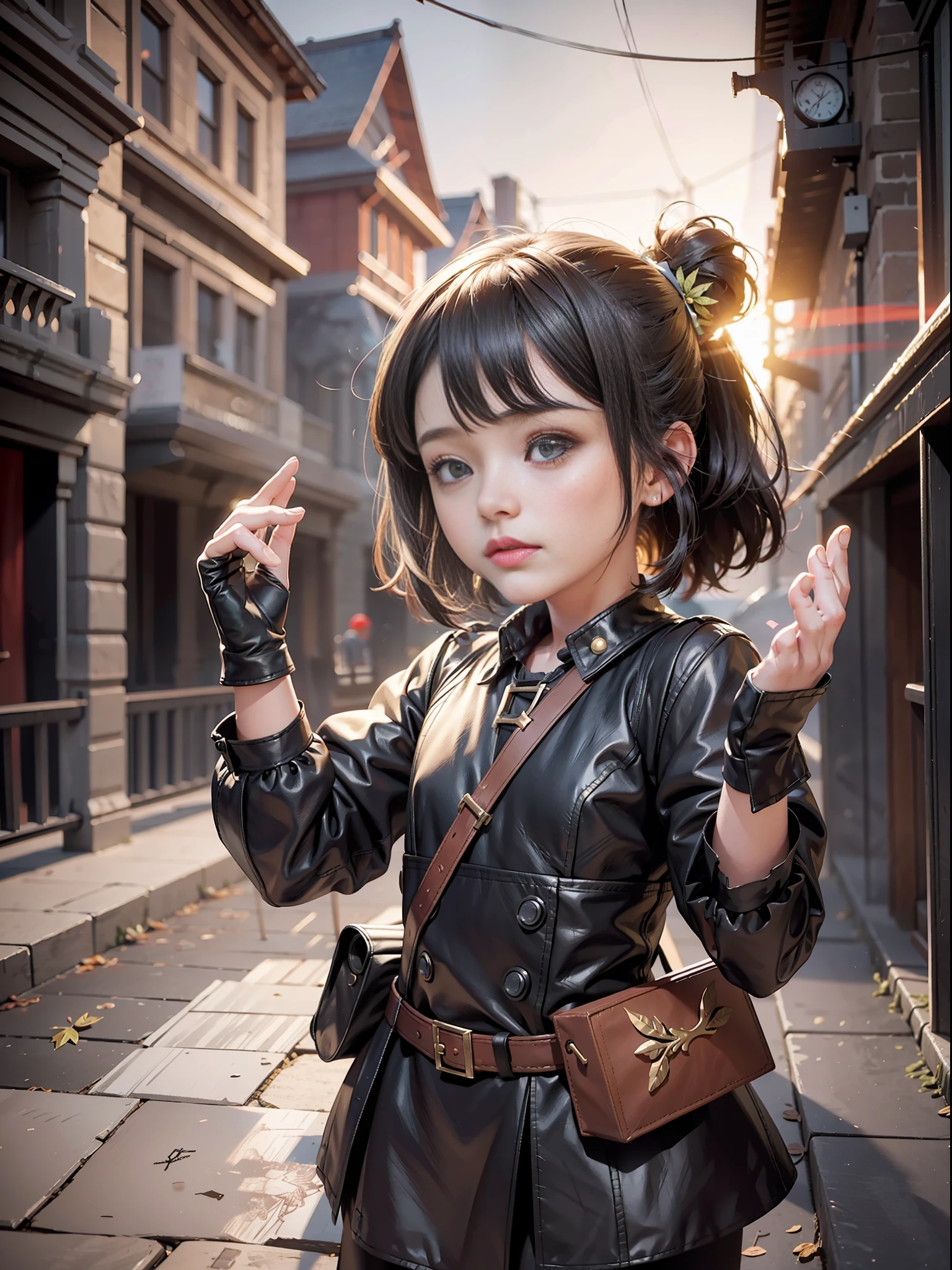 little girl, Gloves made of leaves, flintlock pistol, High-fiving, privy, Sunset, by Artgerm, LSD Render, 3D Sculpt, Cinematic, Paper Model, Neon, Children's Drawing, Melancholic, Graphite, Constructivist