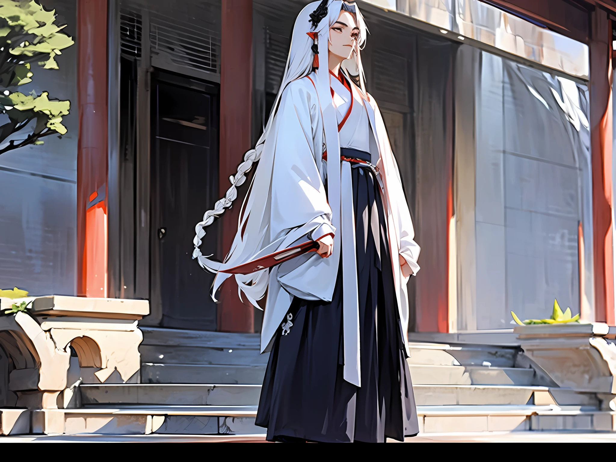 A man, dressed in Hanfu, at the gate of the palace, white long hair and braids, ancient China, Chinese imperial palace, Chinese style, palatial Chinese palace, super details, masterpiece, behind standing ten people in Hanfu