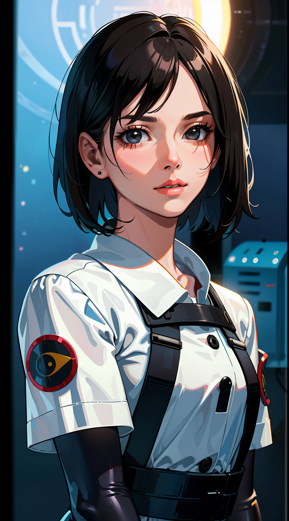 Science Fiction, Sci-Fi, Science Fiction Movies, Concept Art, 1984 Movie Reference, Rebel Story, 30-Year-Old Woman, Adult, Brown Eyes, Short Hair Black Bob, Black Hair, Dark Eyes, (Black Eyes), (White Dress), Medical Uniform, Realistic Facial Resolution, Realistic Texture, Object Resolution