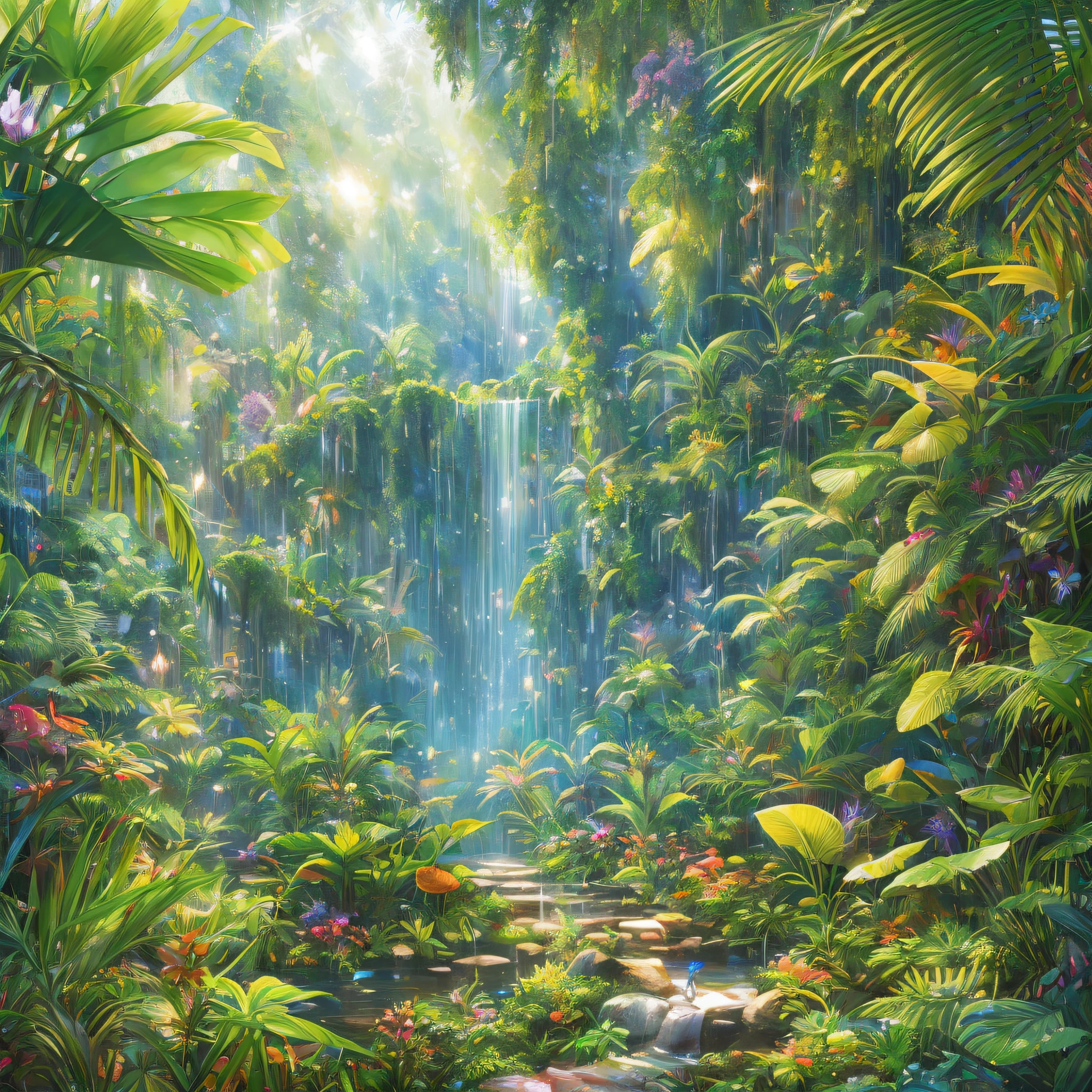 Detailed and intricate digital illustration of a dense jungle full of exotic plants and animals, colorful beams of light reflect from raindrops refracted and scattered. Style, masterpieces, proportions, details, art station trends, beautiful lighting, realistic, complex, award-winning, 4k, highest quality award-winning, 4K digital painting in the style of Yoshitaka Amano.