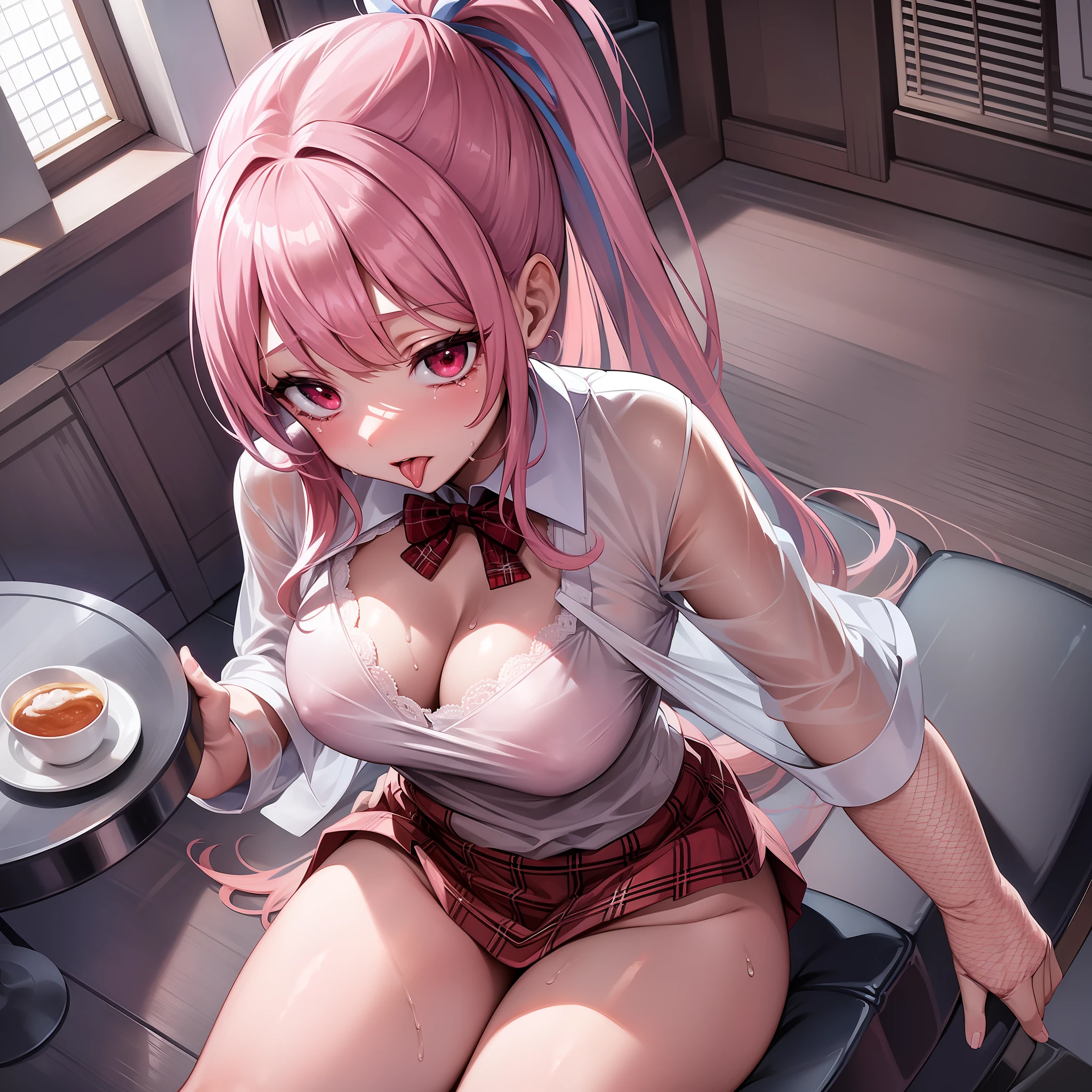 Solo, delicate face, long eyelashes, narrow eyes, (high ponytail: 1.3), (red eyes: 1.3), (pink hair and white mesh: 1.2), large cleavage, slim, tartan check, music room, angle from above, uniform, light blue and white lace underwear, sweat, sitting on a chair, legs open, sheer, crying, mouth wide open, tongue out, legs wide open, crotch, Nipple, sheer, ahegao